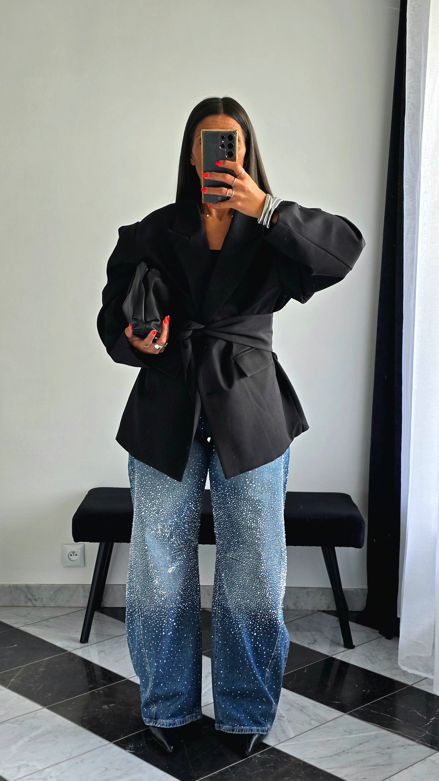Veste Oversize Noire avec Ceinture