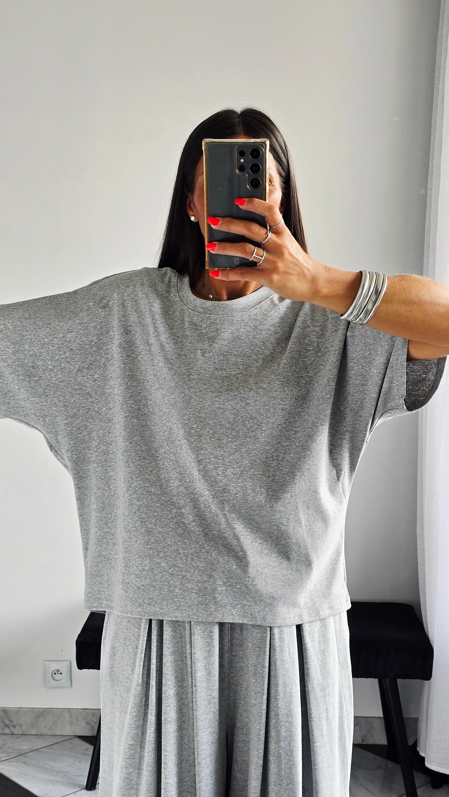 T-shirt oversize Gris chiné en 100 % coton – Maille jersey