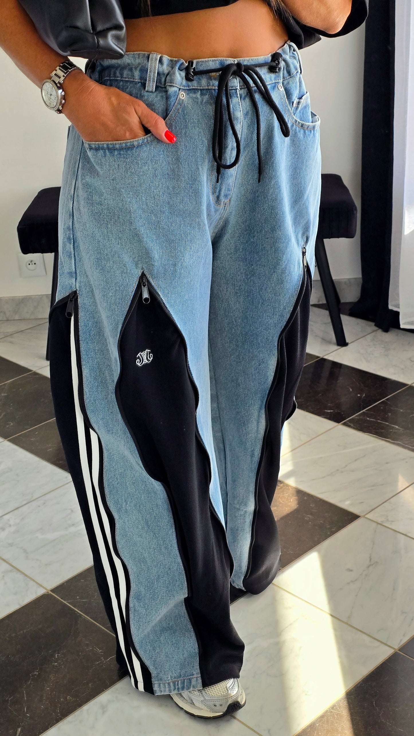 Jean wide premium à détails zippés – Bleu & Noir