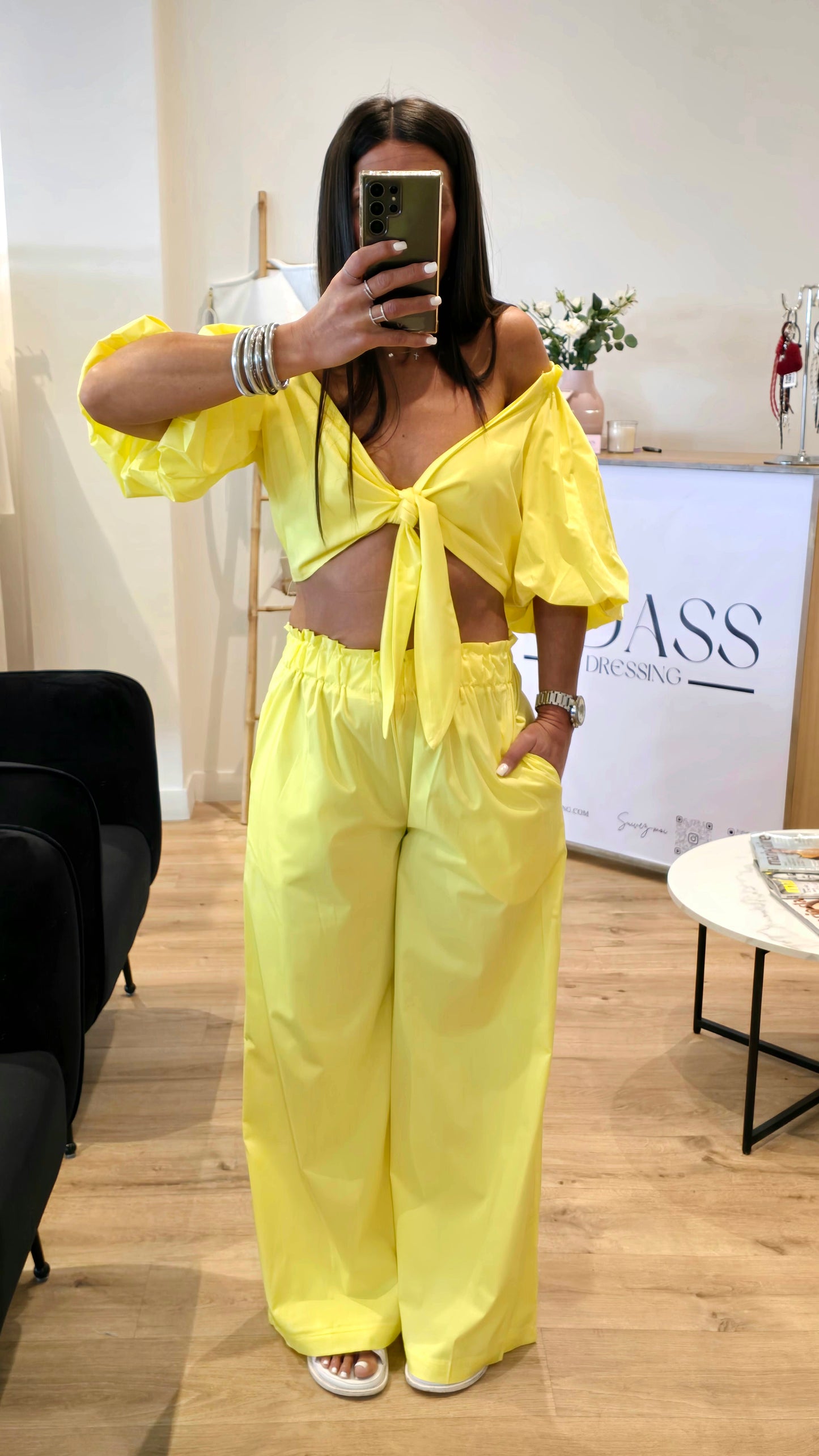 Ensemble 2 pièces coton jaune – Haut noué & pantalon large