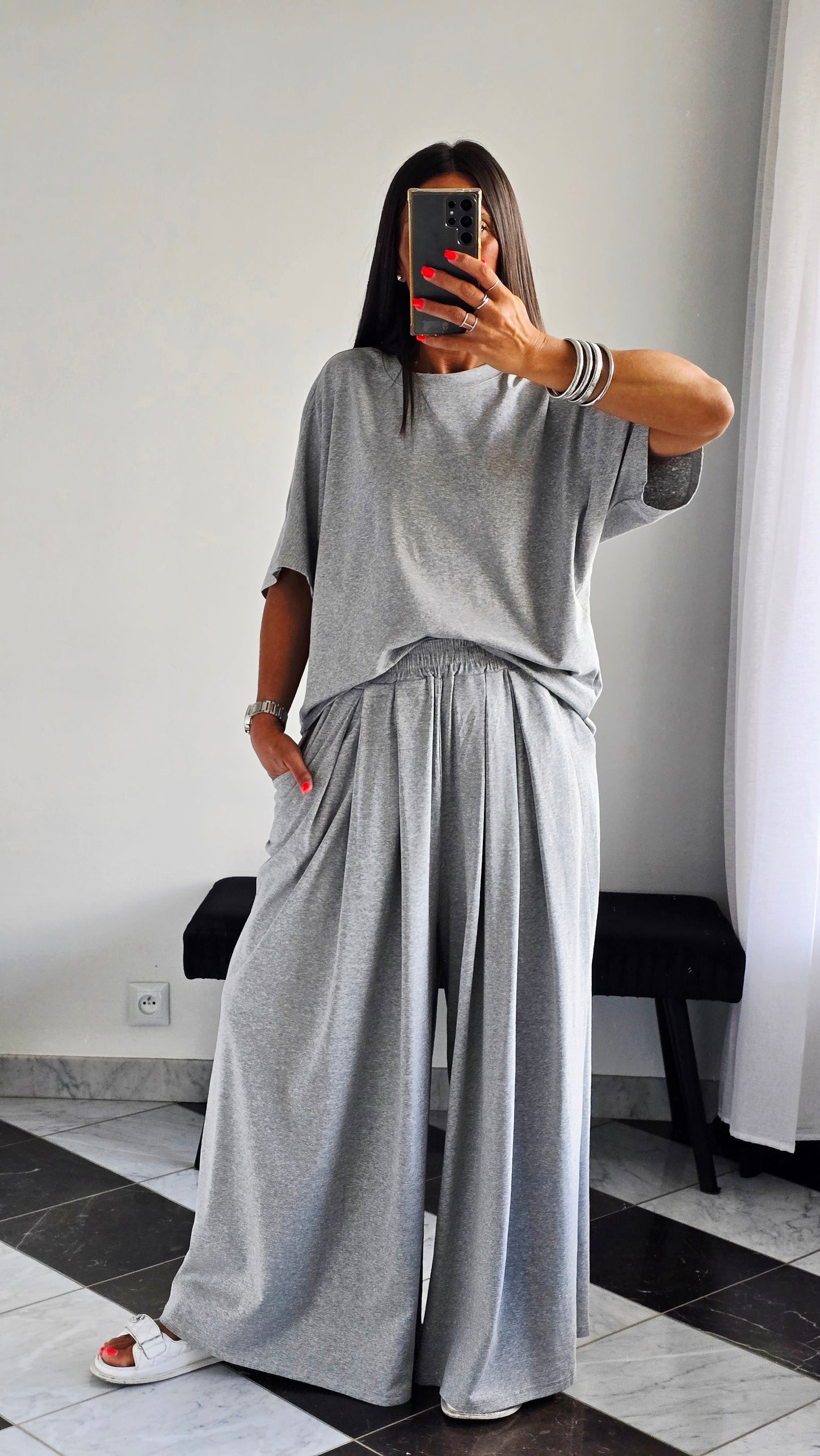 Pantalon large fluide en 100 % coton – Gris chiné