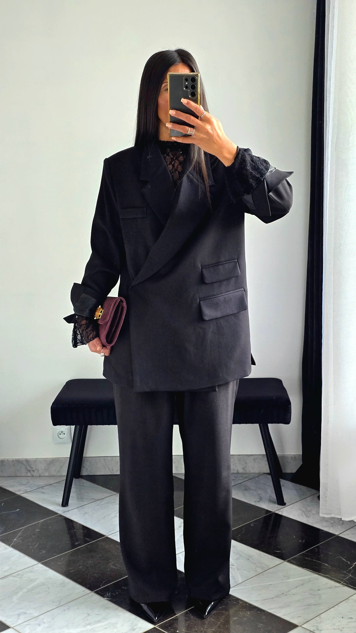 Blazer Croisé Texturé – Noir Intense