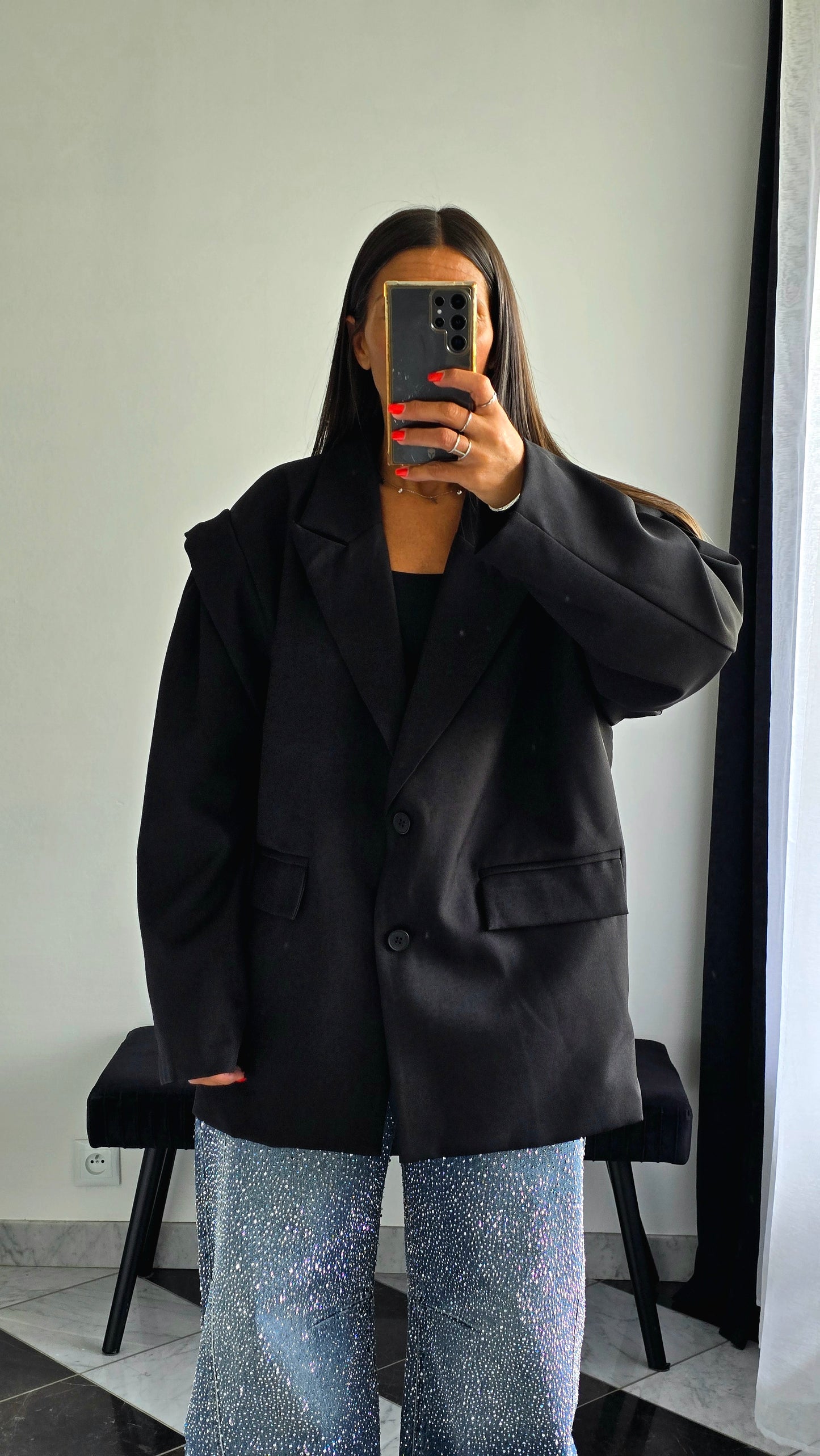 Veste Oversize Noire avec Ceinture