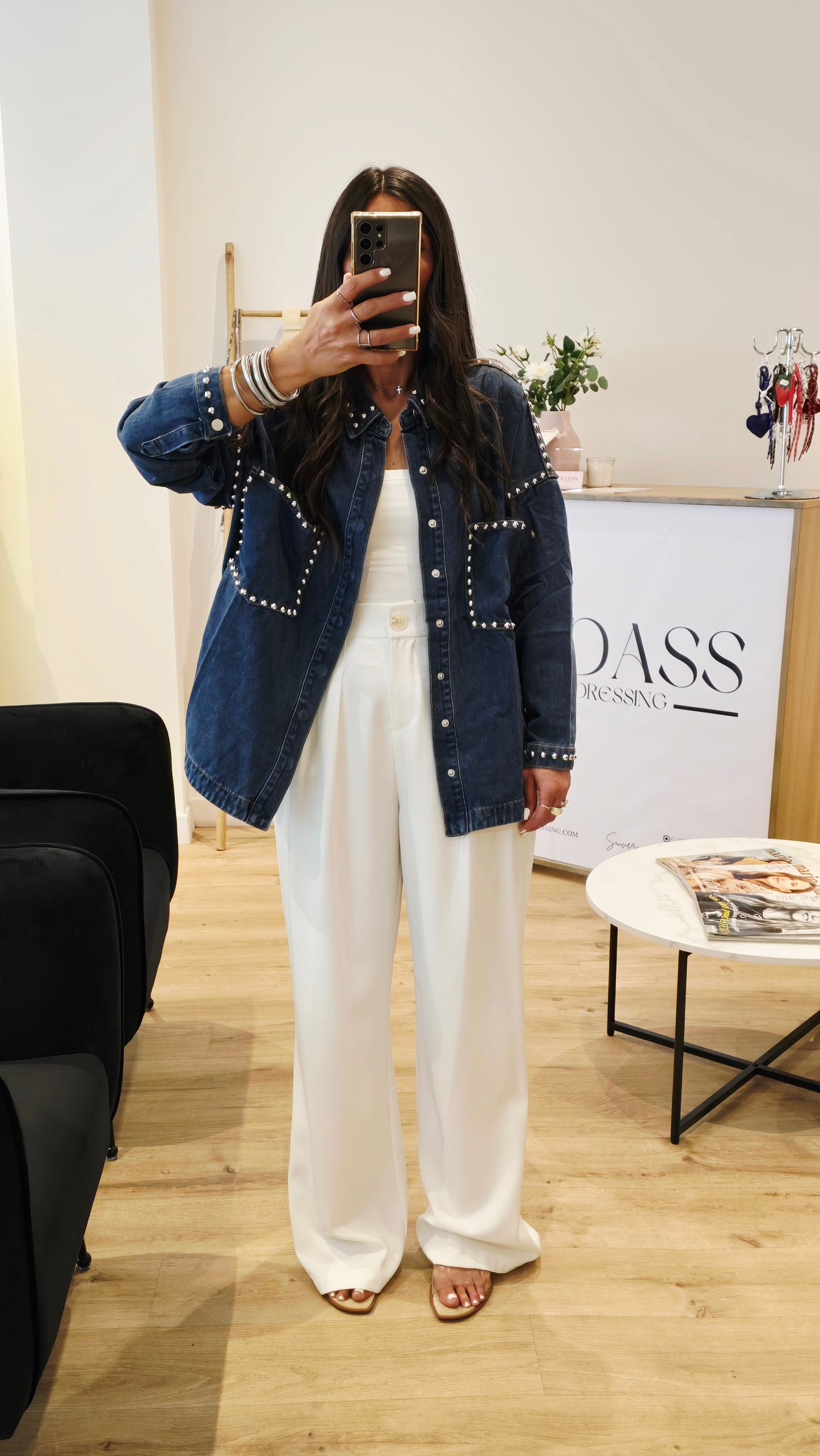 Chemise-veste en denim à clous argentés