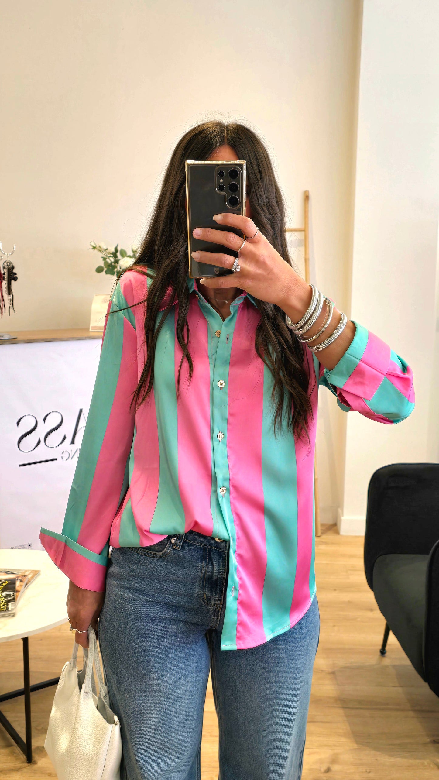 Chemisier À Rayures Rose & Vert Menthe – Coupe Droite Fluide
