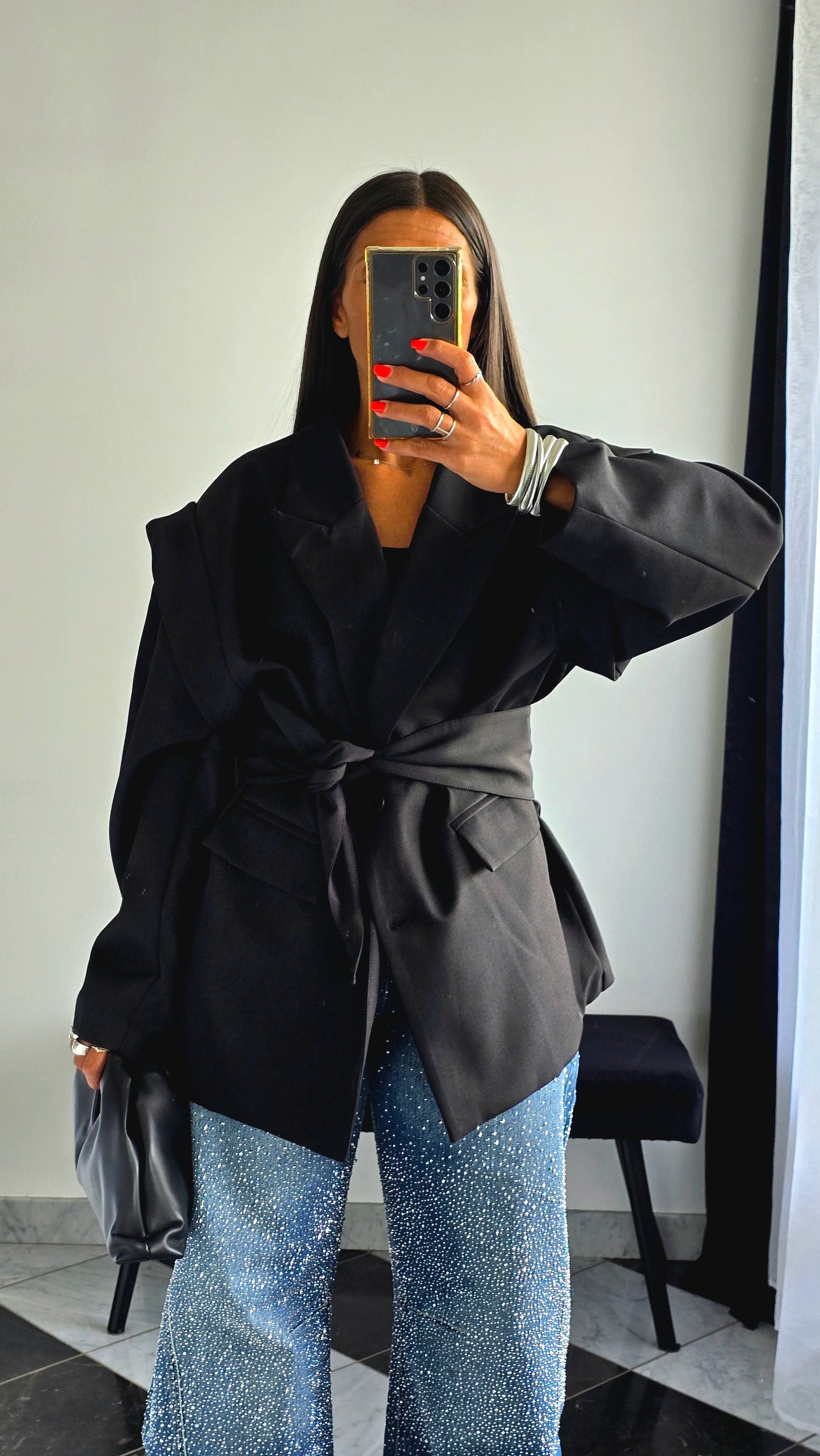Veste Oversize Noire avec Ceinture