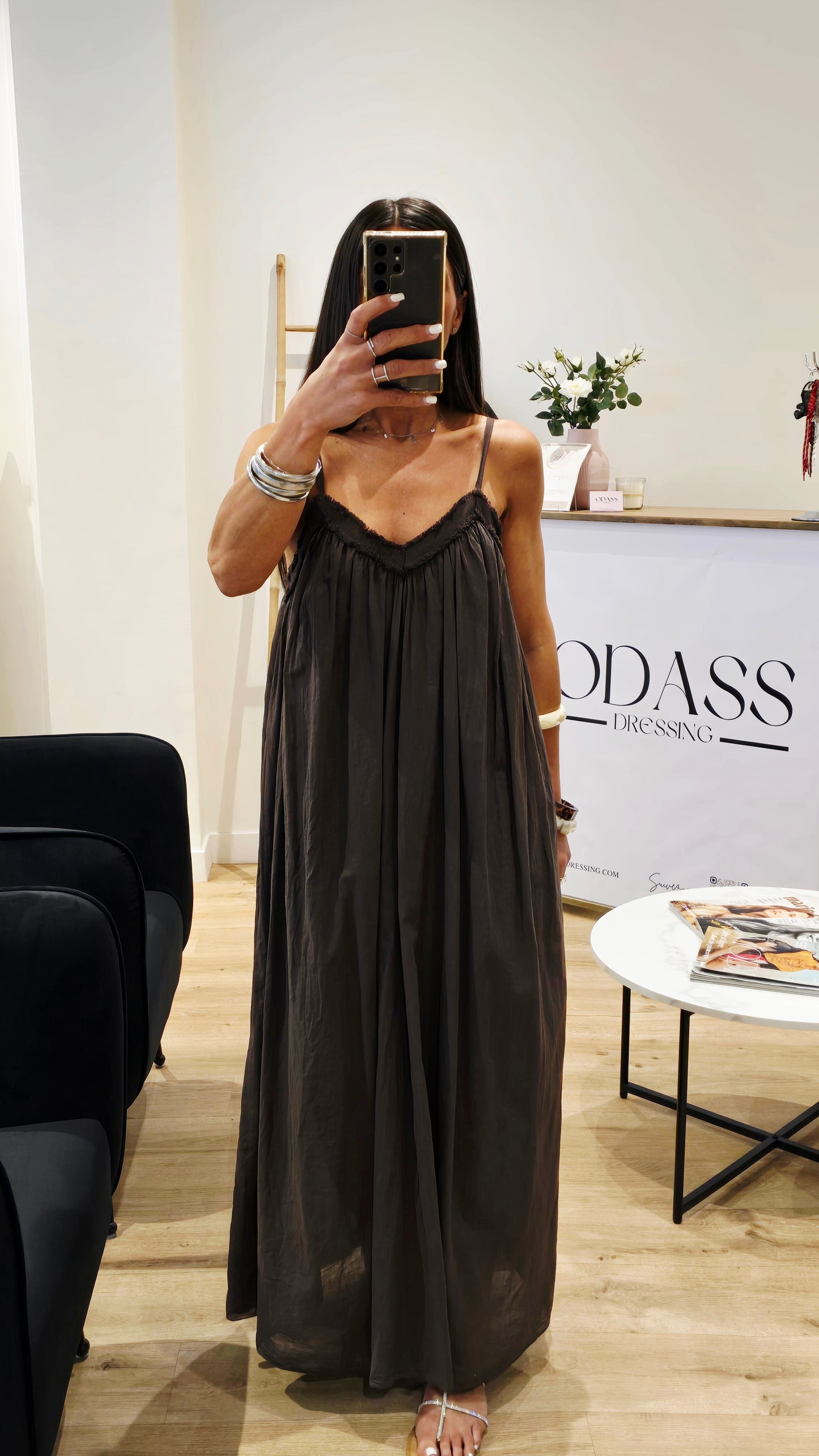 Robe Longue Chocolat – Voile de Coton & Doublure – Fabriquée en Italie