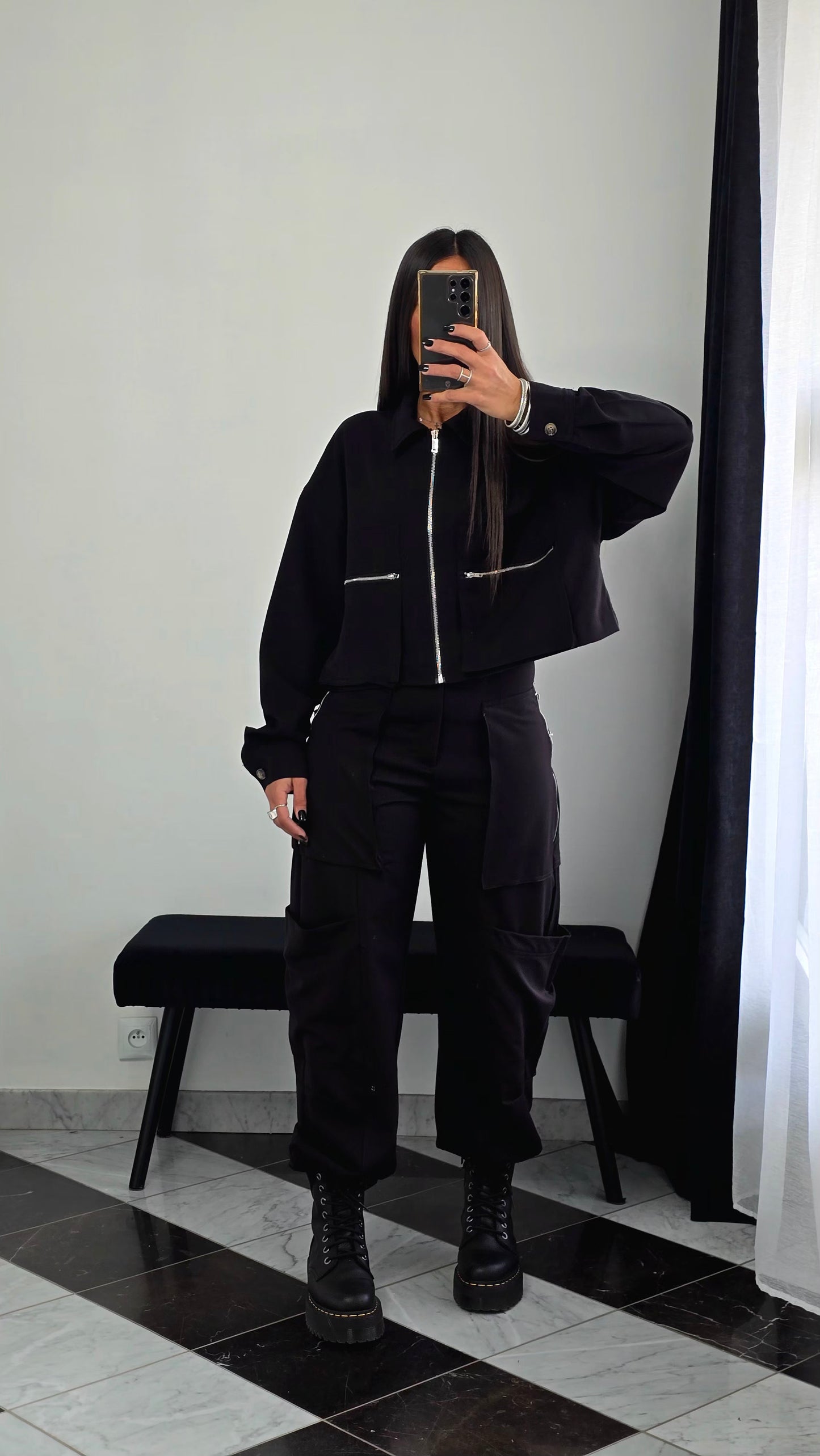 Pantalon Cargo Droit – Noir Zippé & Structuré