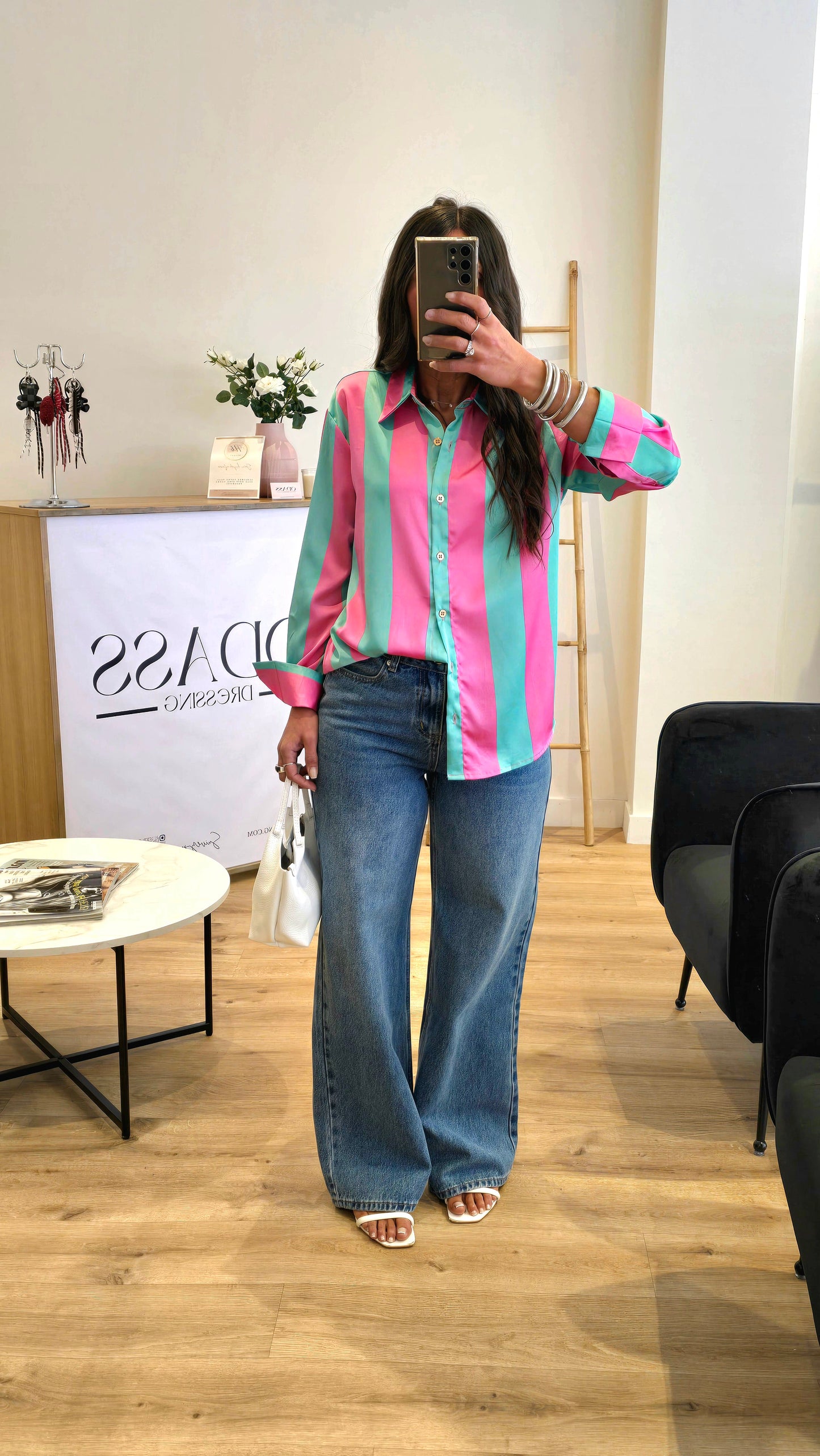 Chemisier À Rayures Rose & Vert Menthe – Coupe Droite Fluide