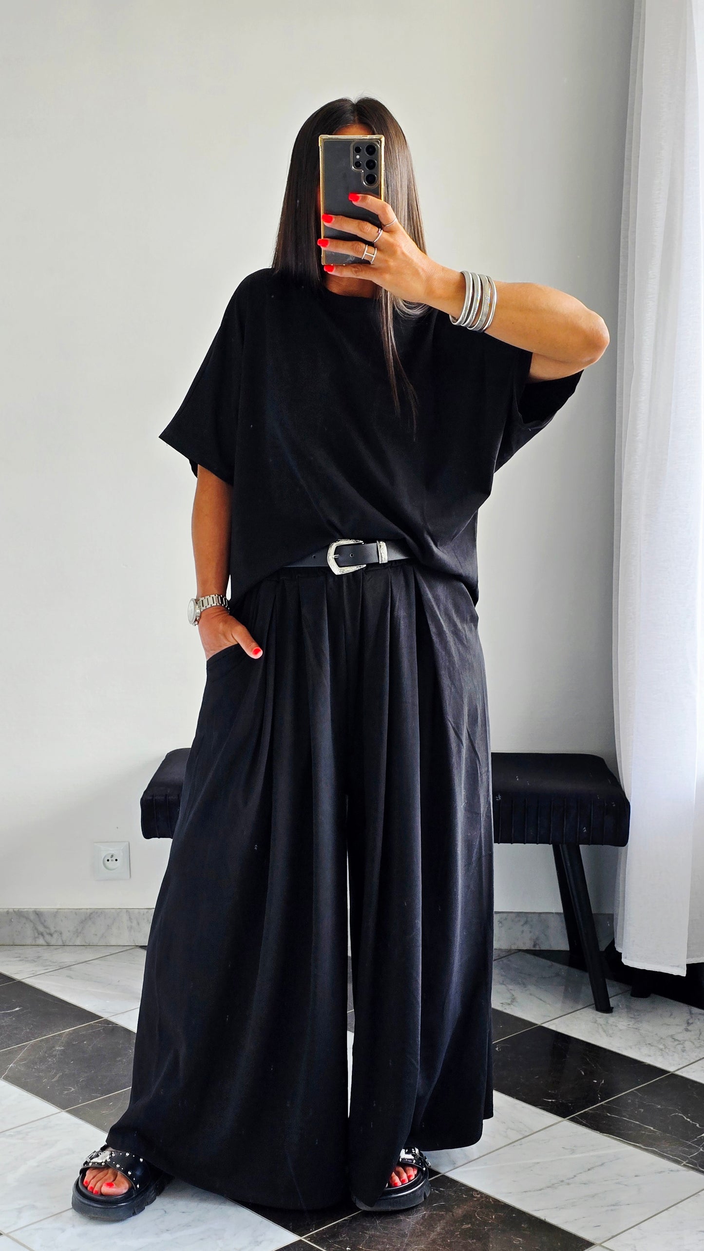 Pantalon large fluide en 100 % coton – Noir