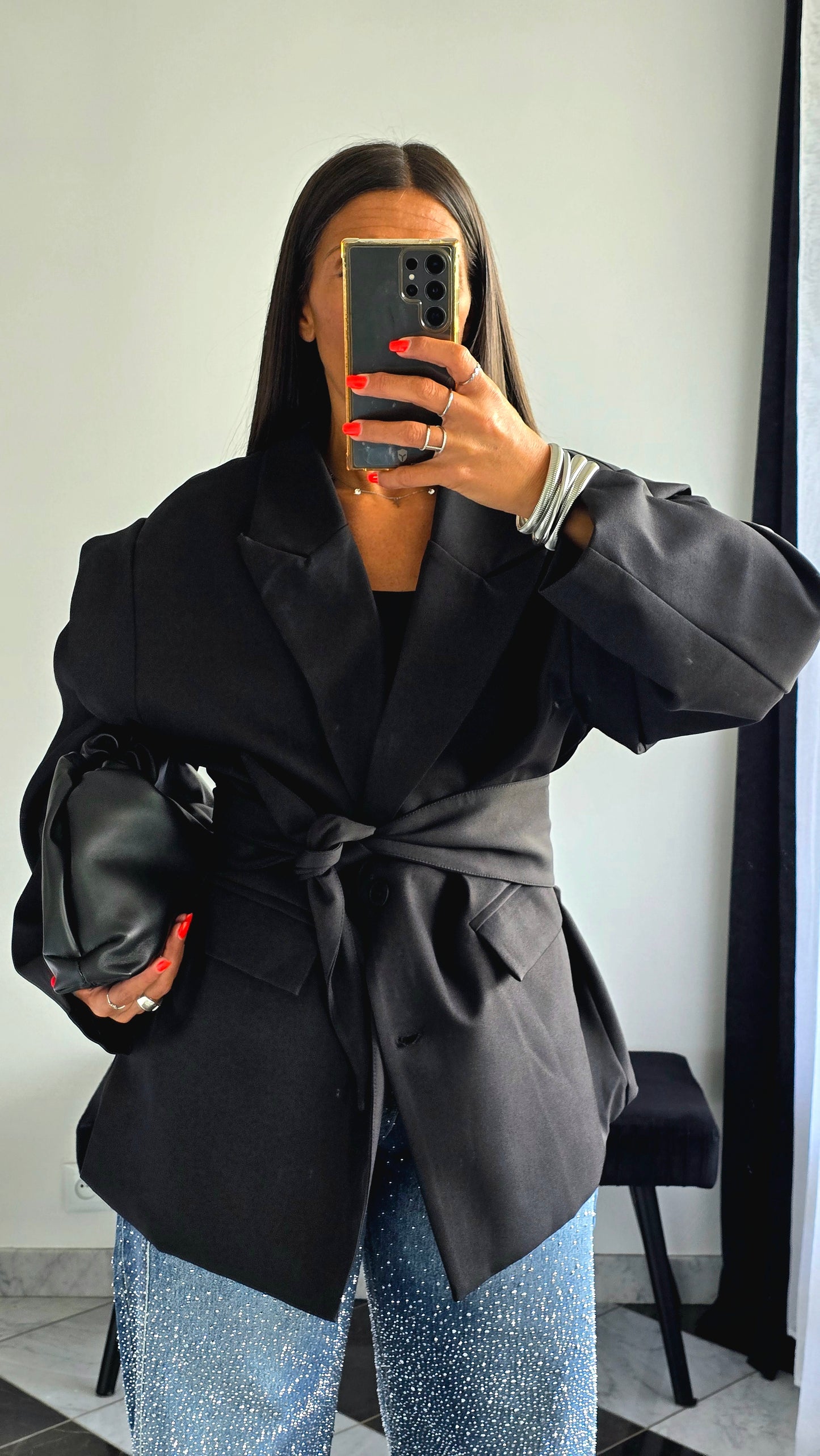 Veste Oversize Noire avec Ceinture