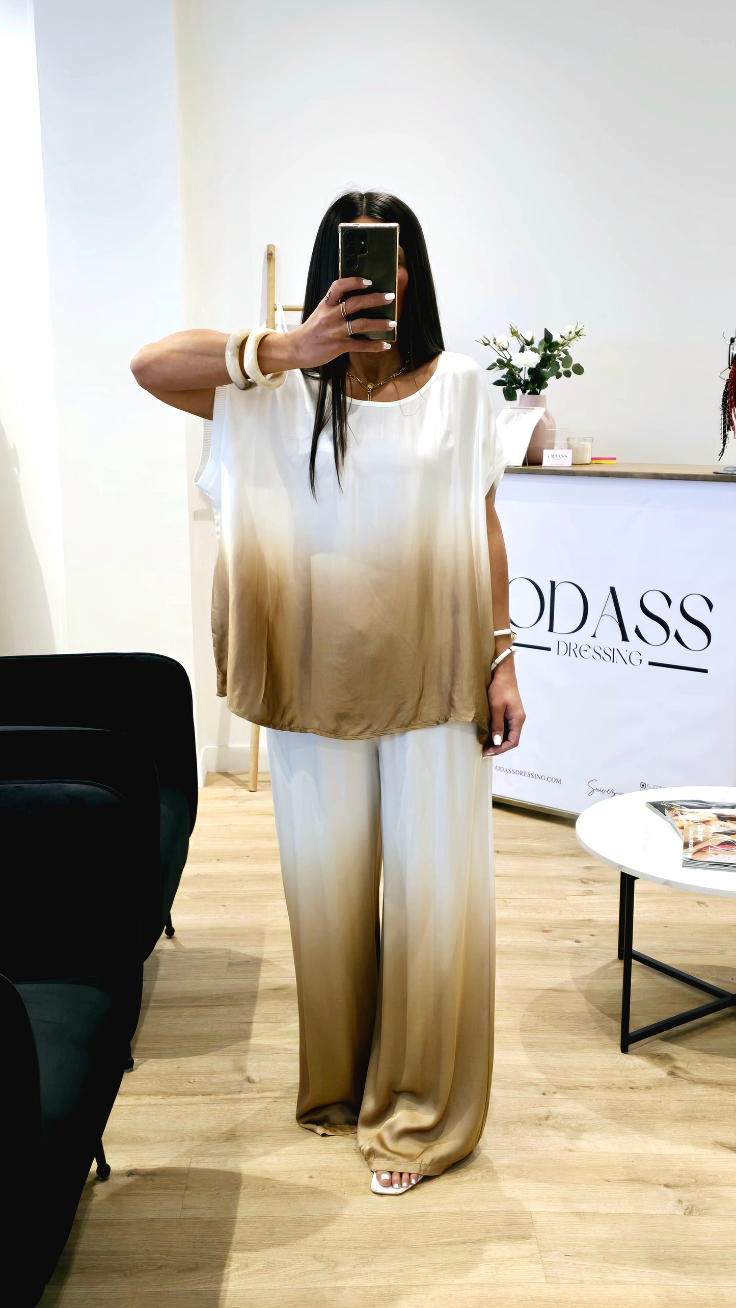 Pantalon Fluide Dégradé Caramel – Viscose & Soie – Fabriqué en Italie