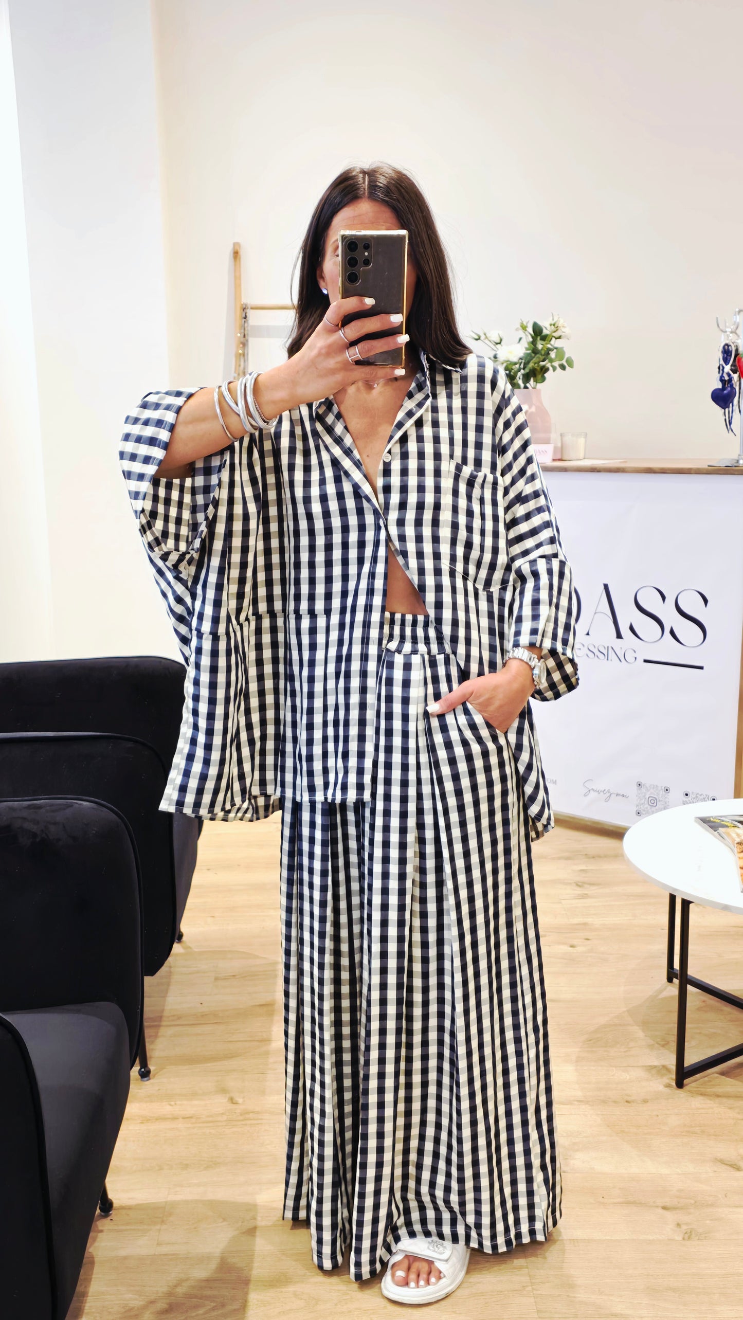 Ensemble large imprimé vichy – Bleu marine
