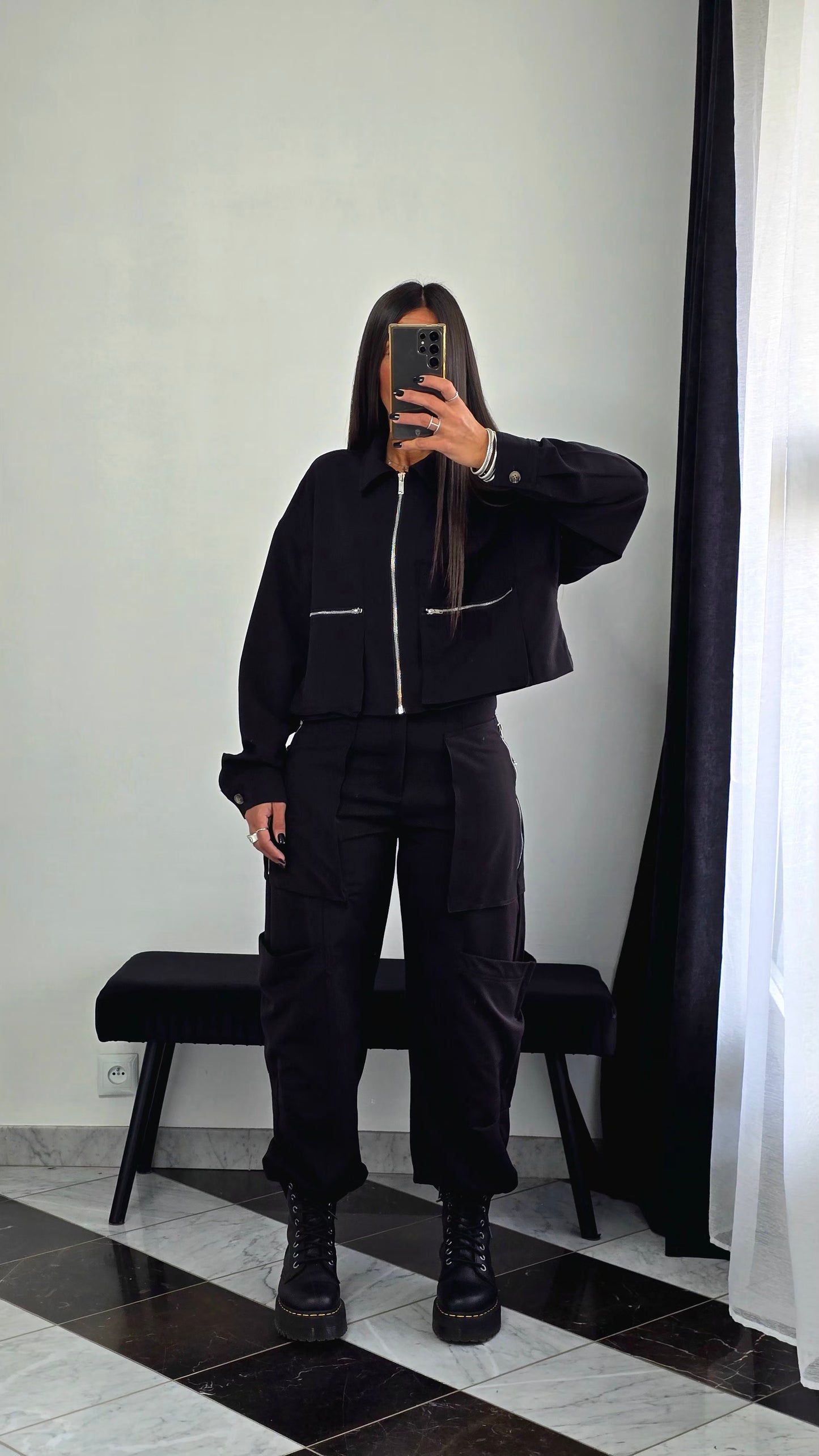 Veste Zippée Courte – Noir Coordonnée Cargo