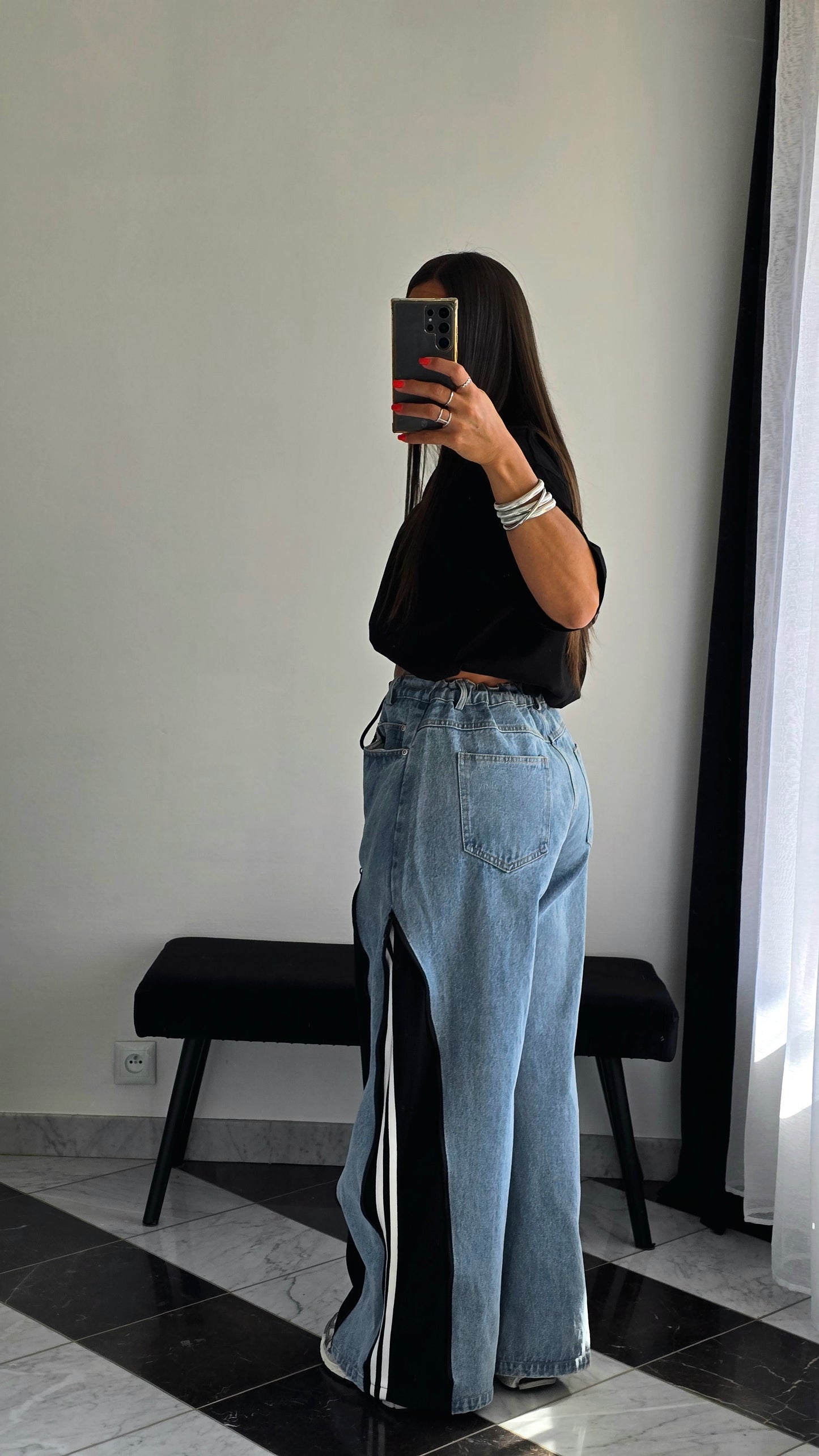 Jean wide premium à détails zippés – Bleu & Noir