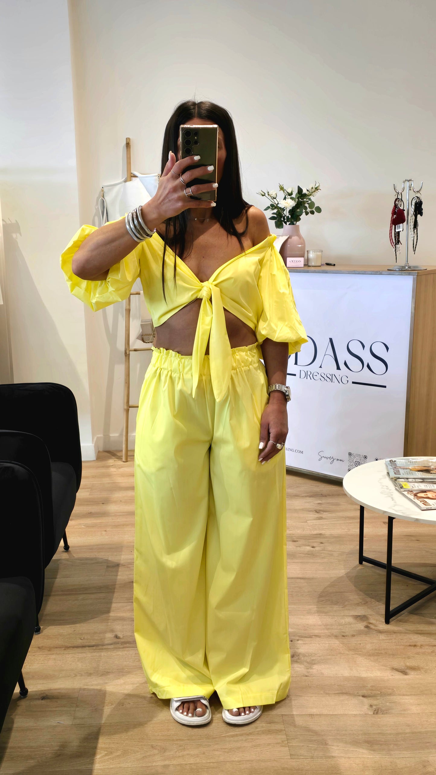 Ensemble 2 pièces coton jaune – Haut noué & pantalon large