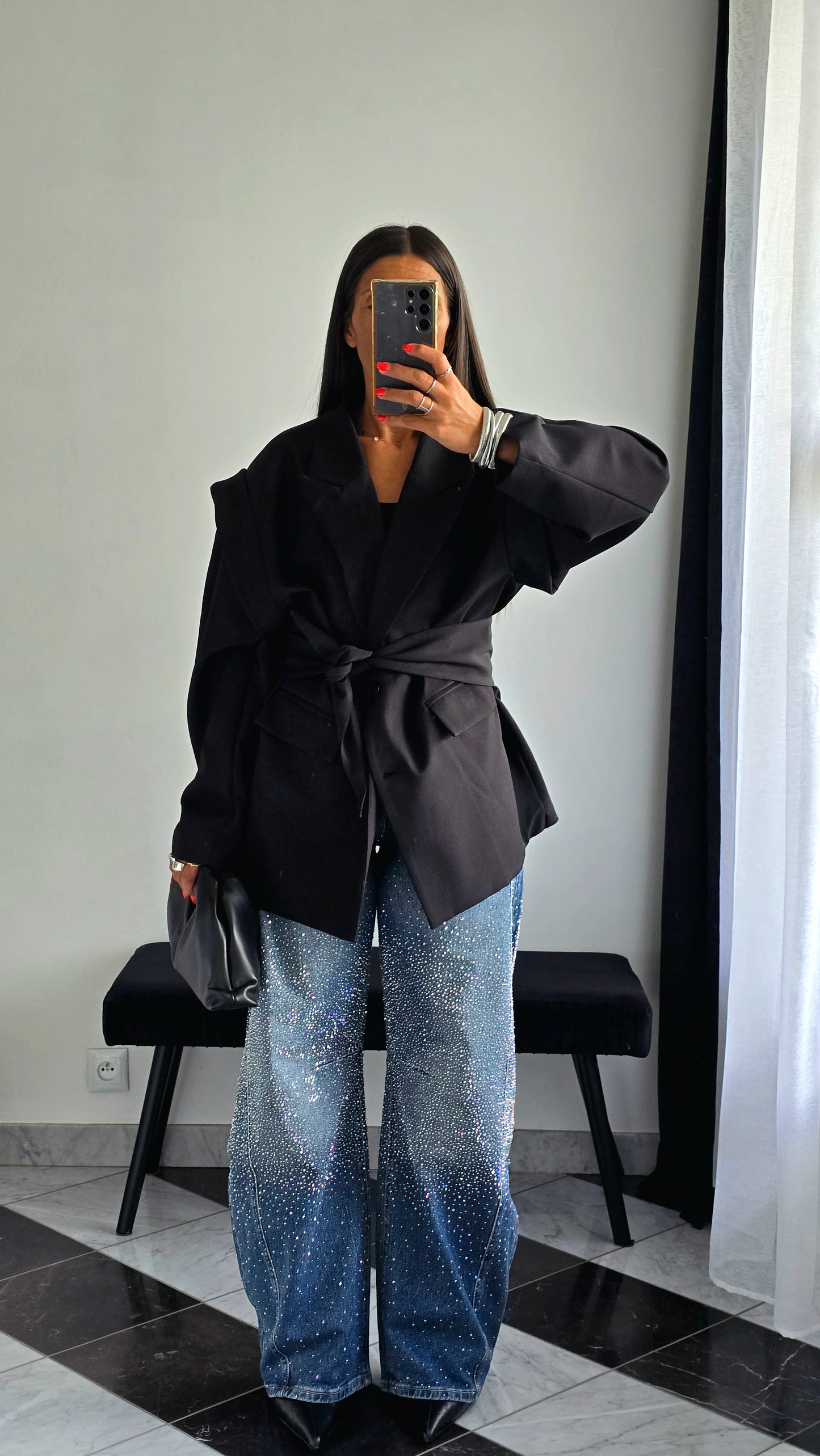 Veste Oversize Noire avec Ceinture