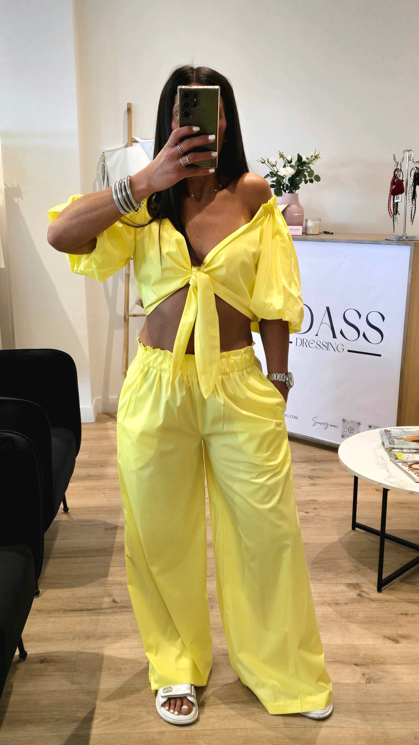 Ensemble 2 pièces coton jaune – Haut noué & pantalon large
