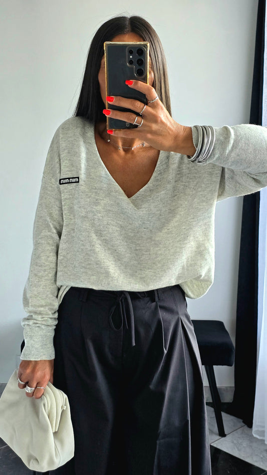 Pull fin col V – Gris chiné