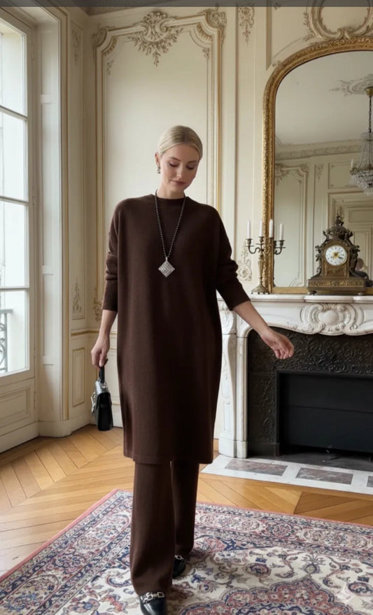 Ensemble Robe + Pantalon Maille Épaisse – Marron