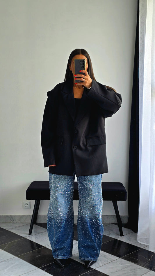 Veste Oversize Noire avec Ceinture