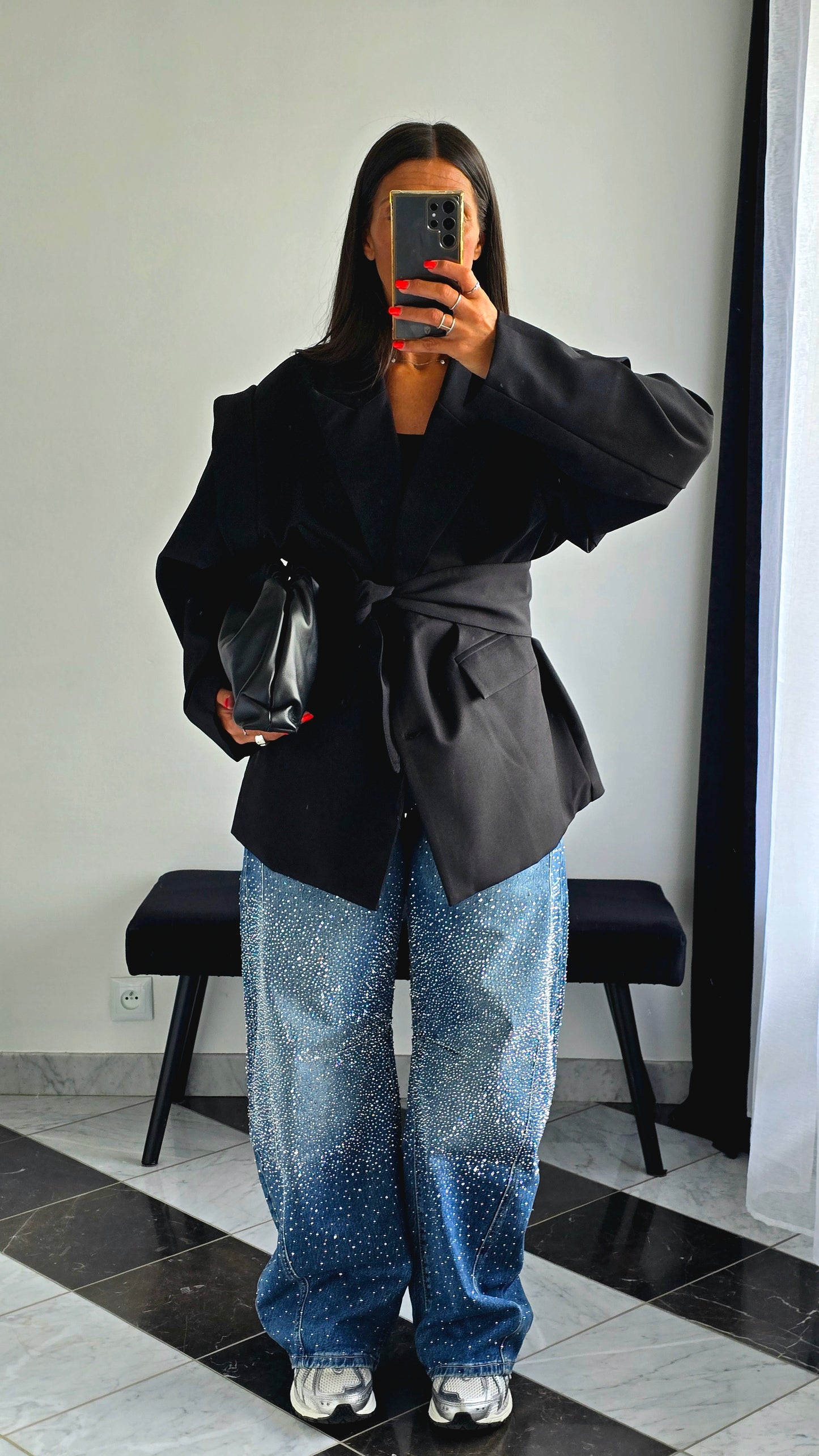 Veste Oversize Noire avec Ceinture