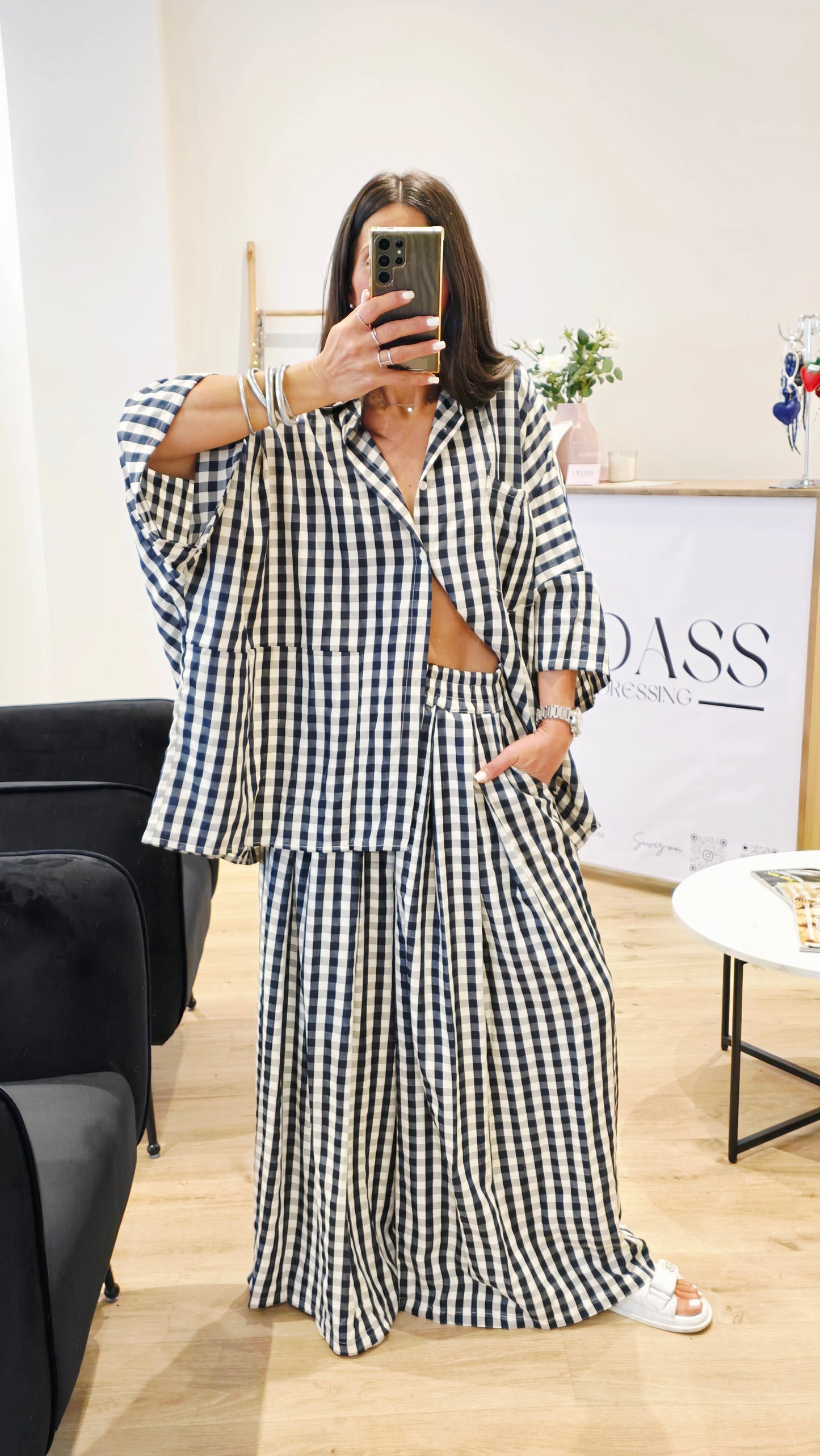 Ensemble large imprimé vichy – Bleu marine
