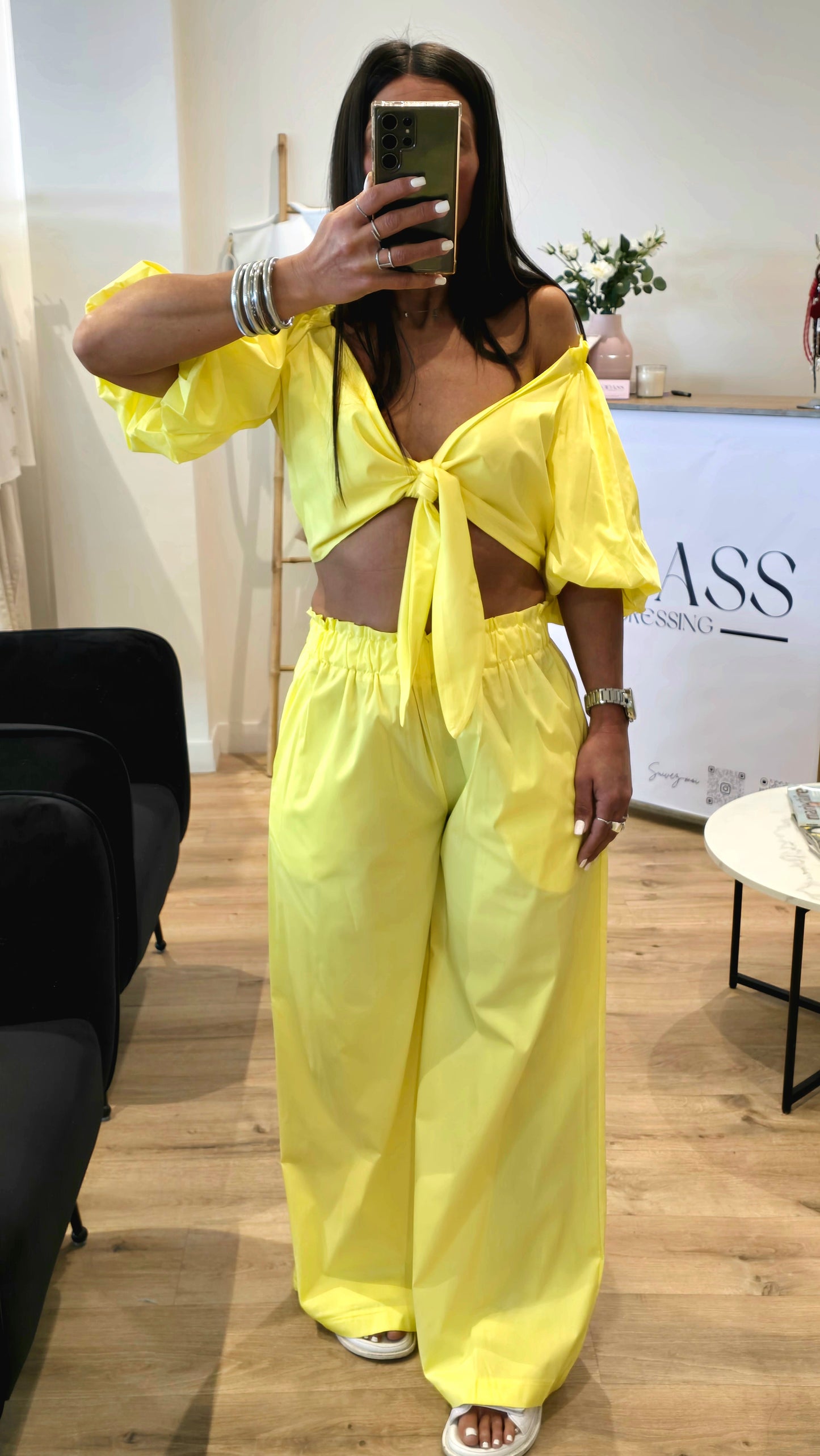 Ensemble 2 pièces coton jaune – Haut noué & pantalon large