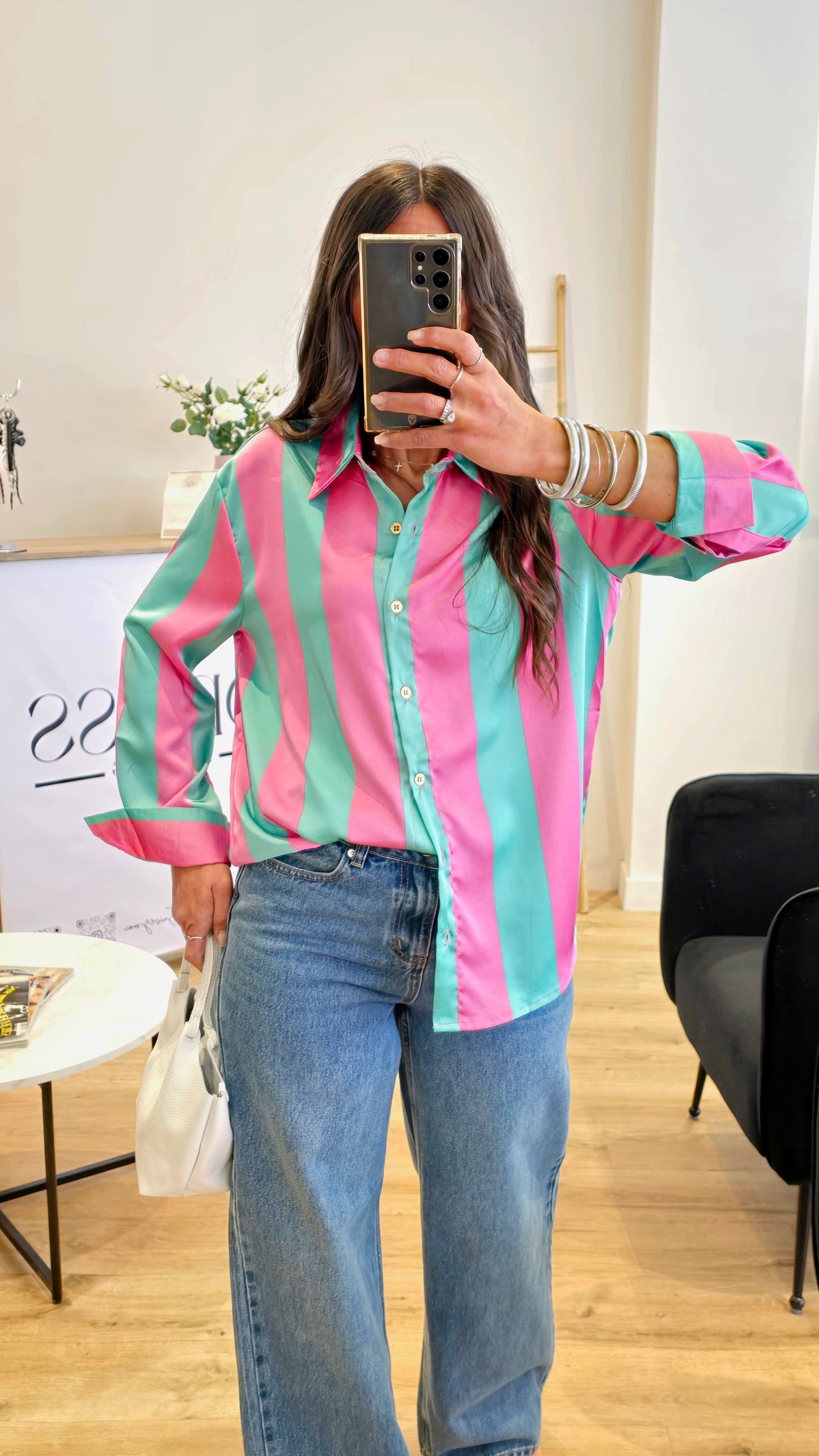 Chemisier À Rayures Rose & Vert Menthe – Coupe Droite Fluide