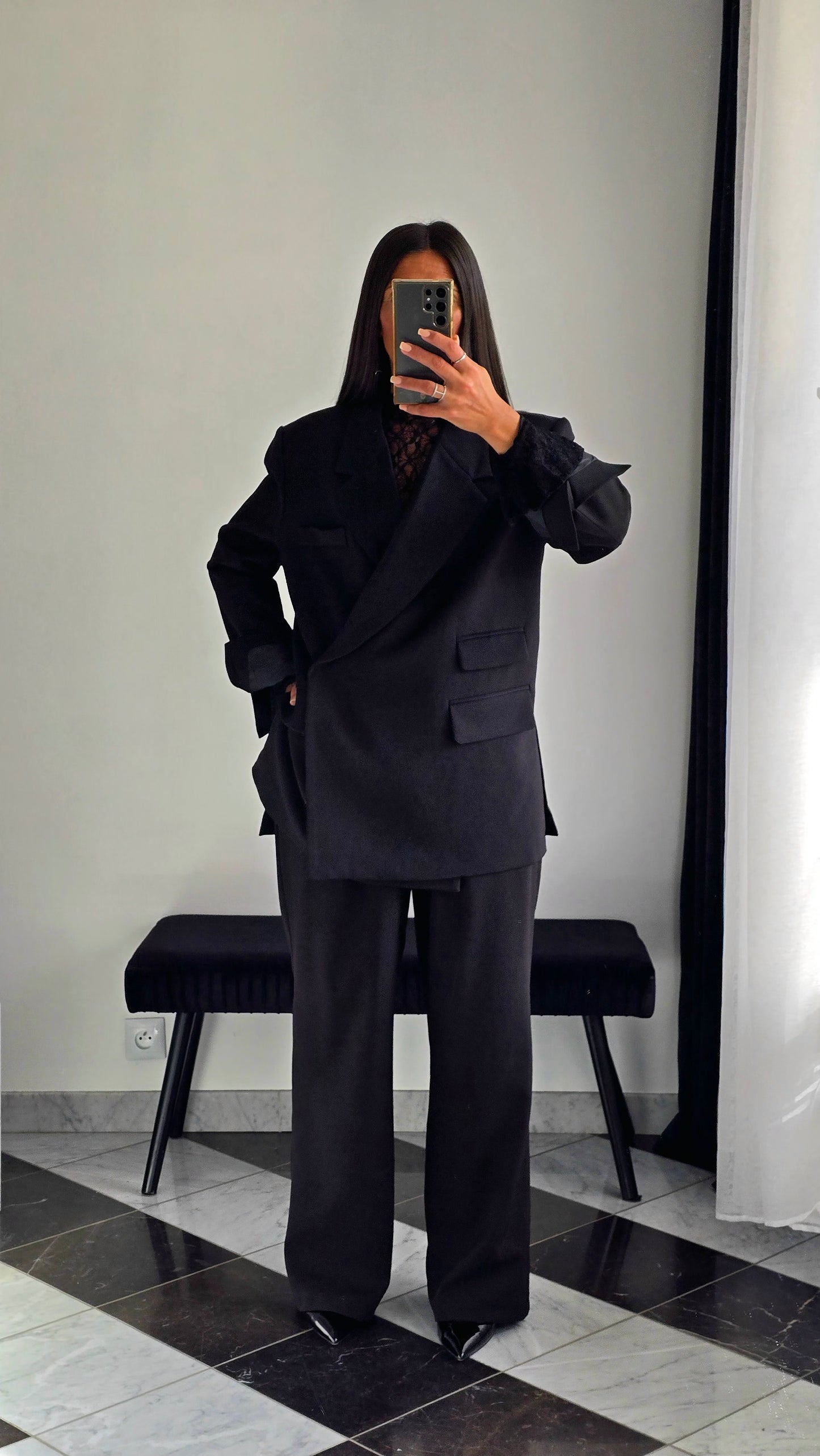 Blazer Croisé Texturé – Noir Intense