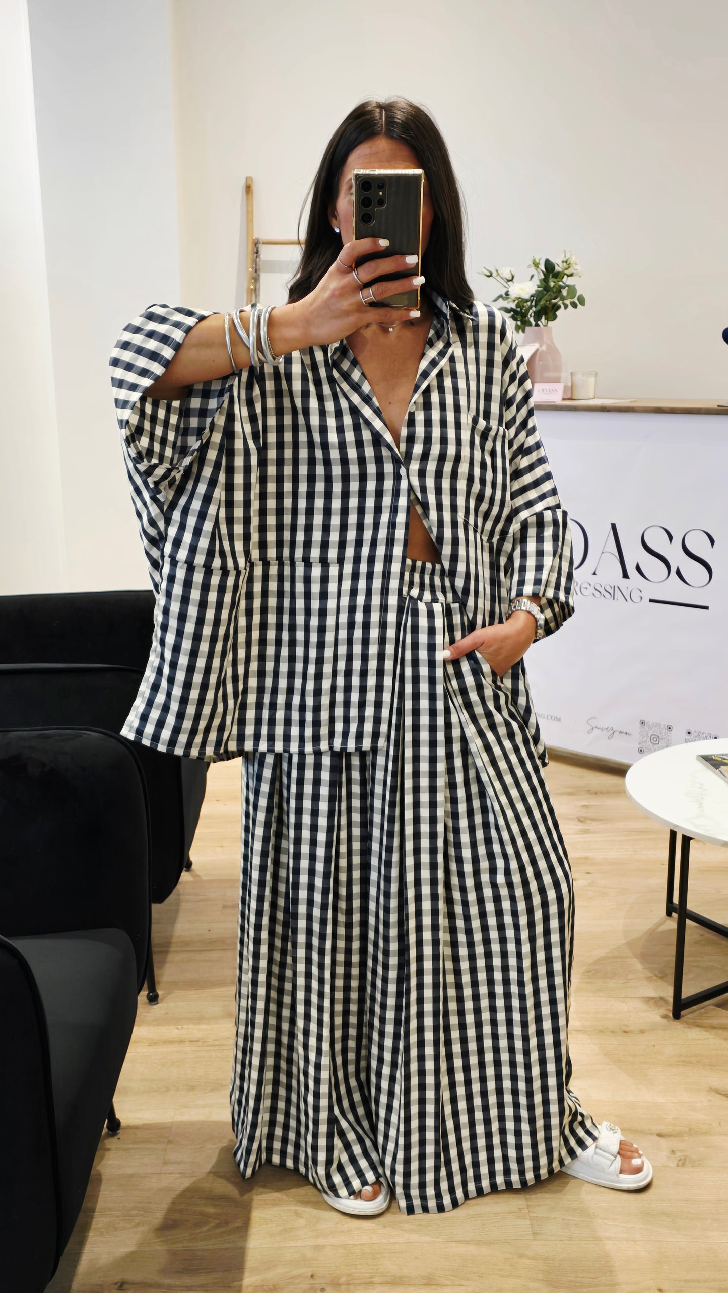 Ensemble large imprimé vichy – Bleu marine