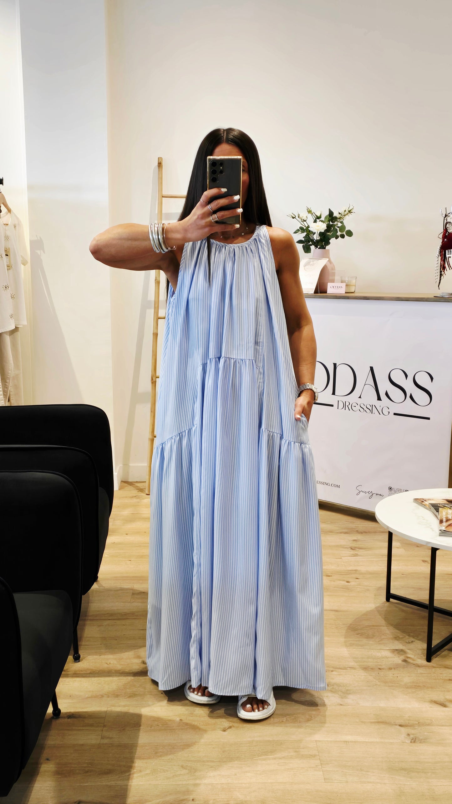Robe longue rayée à nouer – bleu ciel