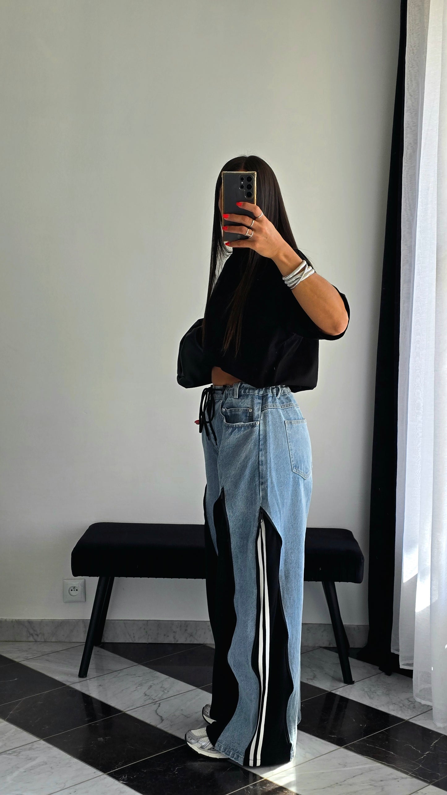 Jean wide premium à détails zippés – Bleu & Noir