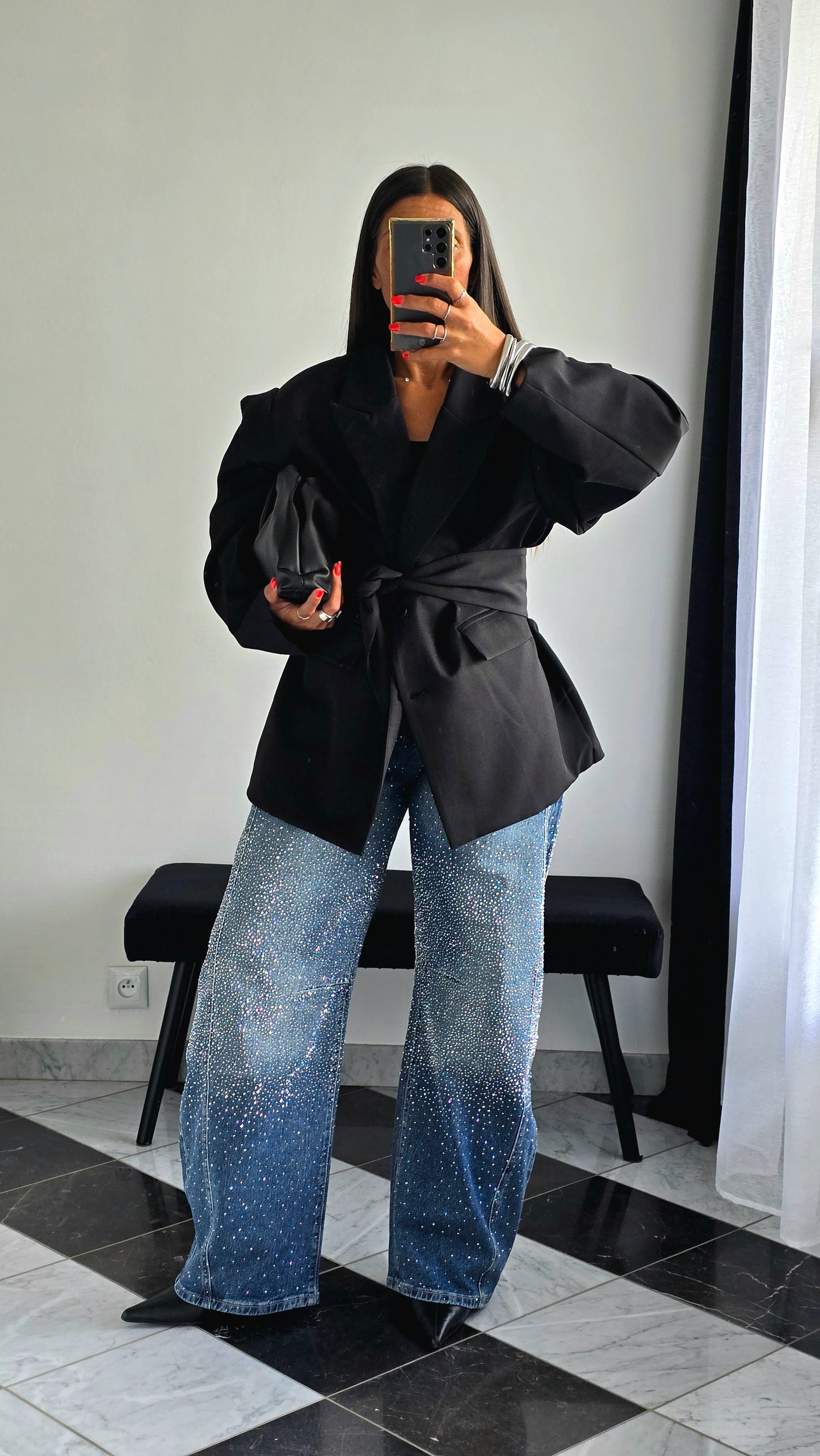 Veste Oversize Noire avec Ceinture