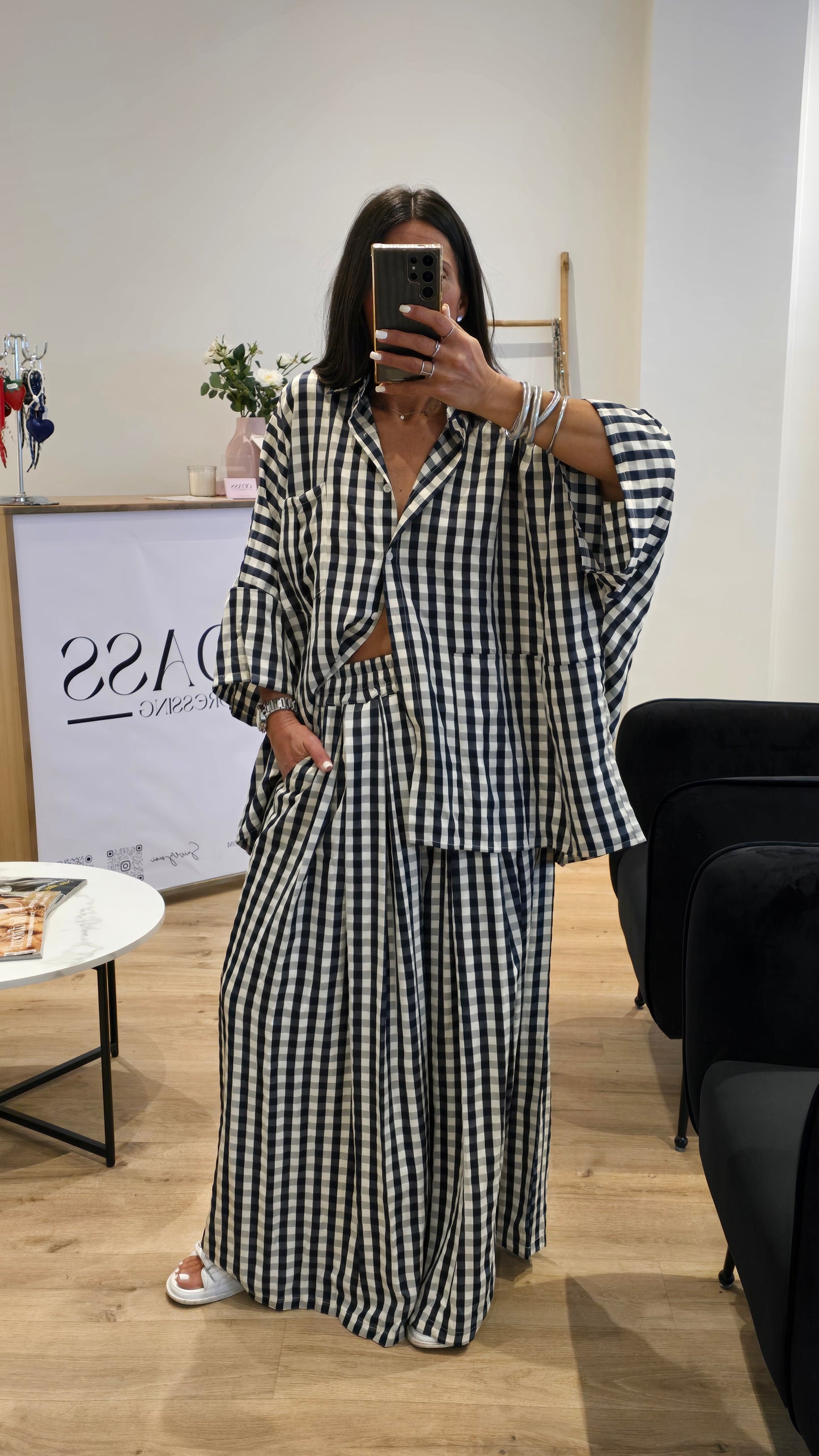 Ensemble large imprimé vichy – Bleu marine