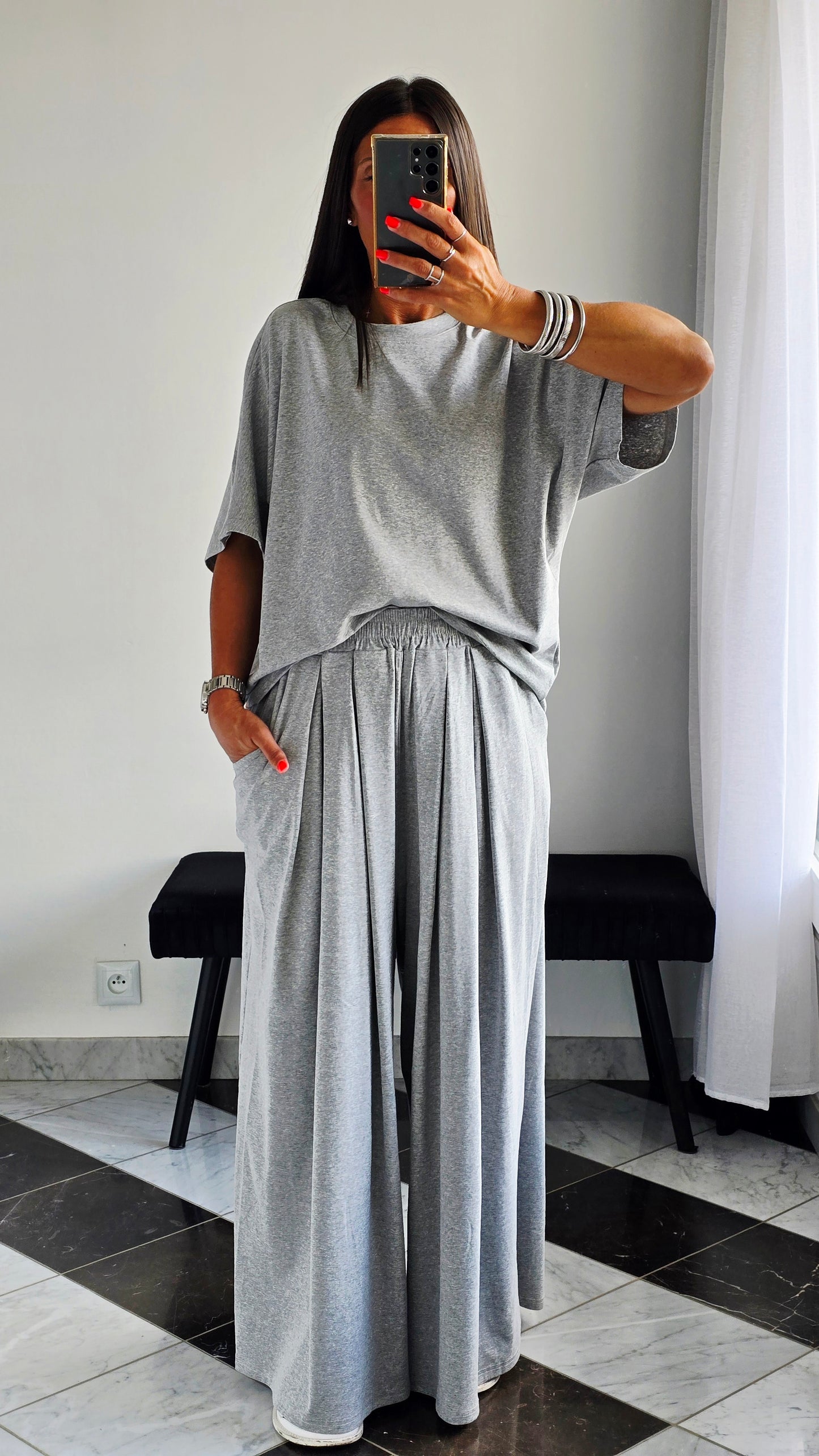 Pantalon large fluide en 100 % coton – Gris chiné