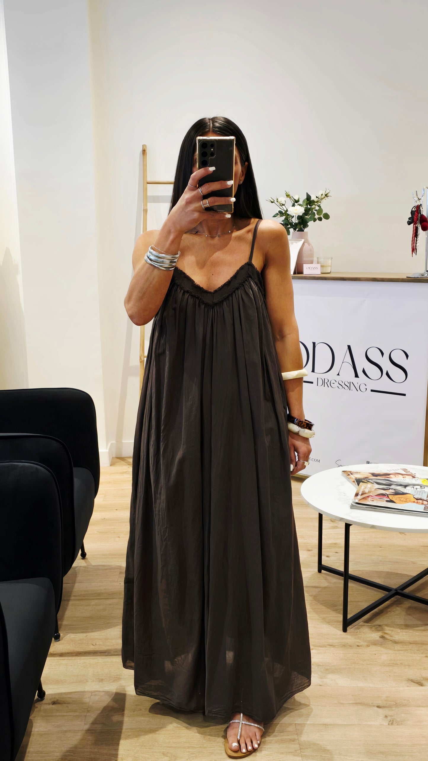 Robe Longue Chocolat – Voile de Coton & Doublure – Fabriquée en Italie