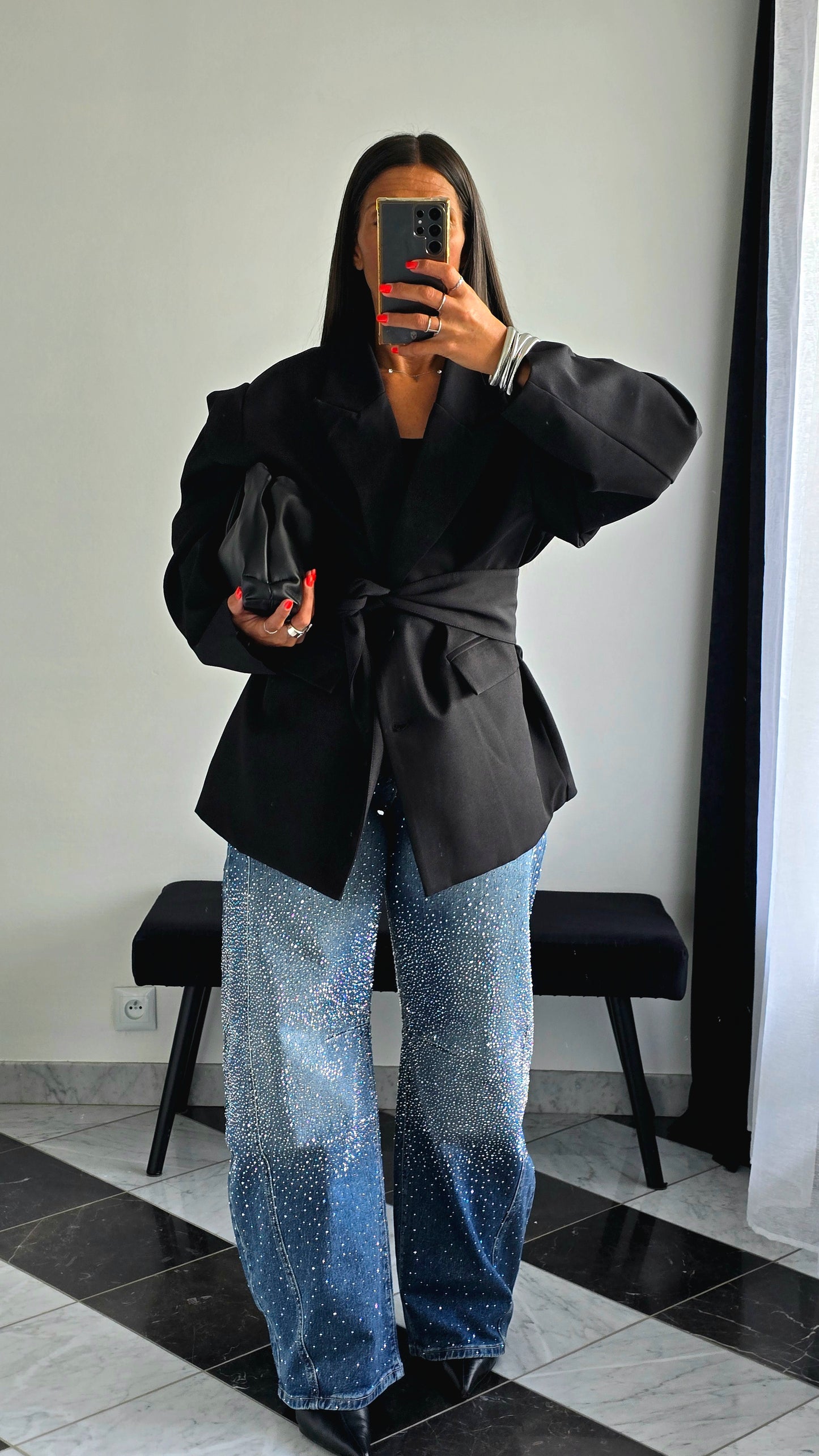 Veste Oversize Noire avec Ceinture