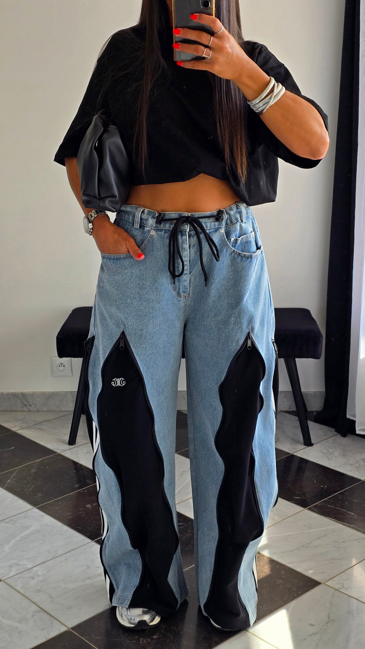 Jean wide premium à détails zippés – Bleu & Noir