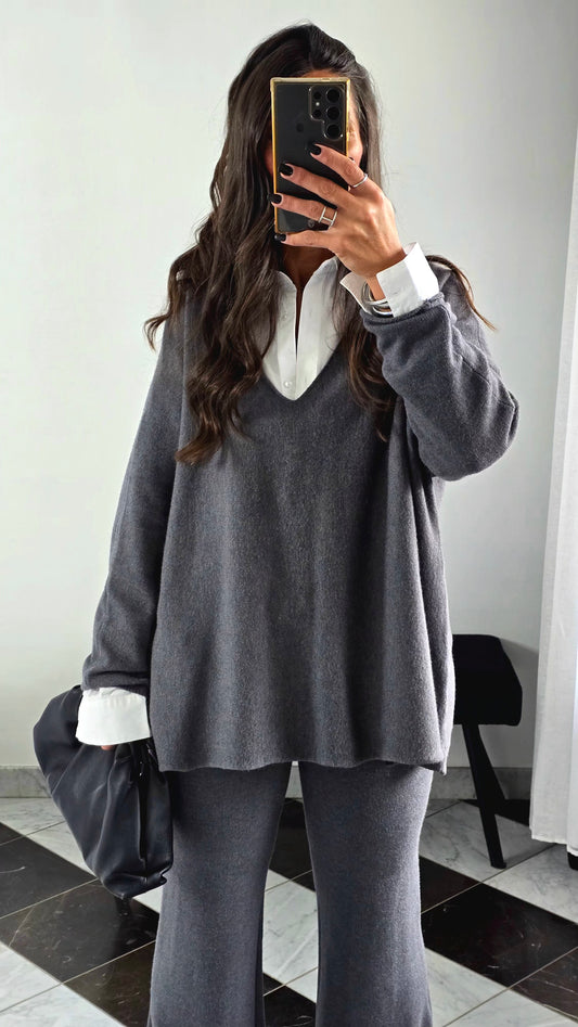 Ensemble Maille – Pull & Pantalon Gris Anthracite