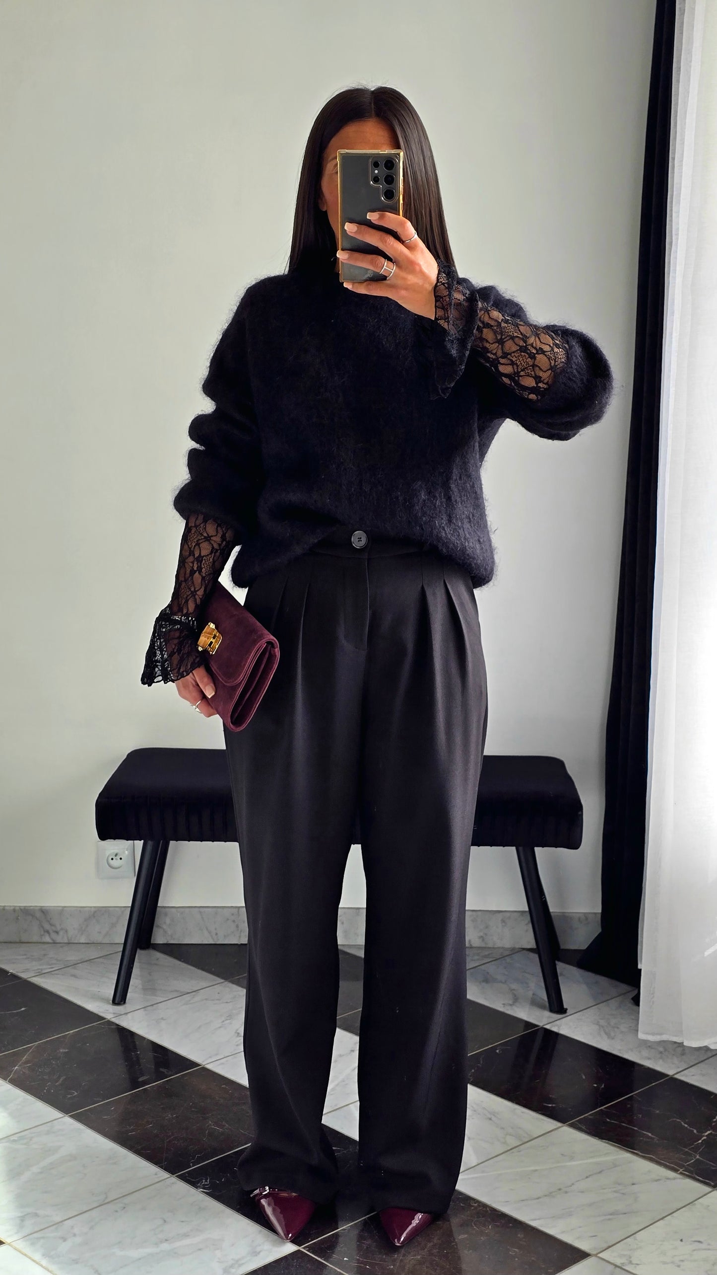 Pantalon Tailleur Texturé – Noir Intense