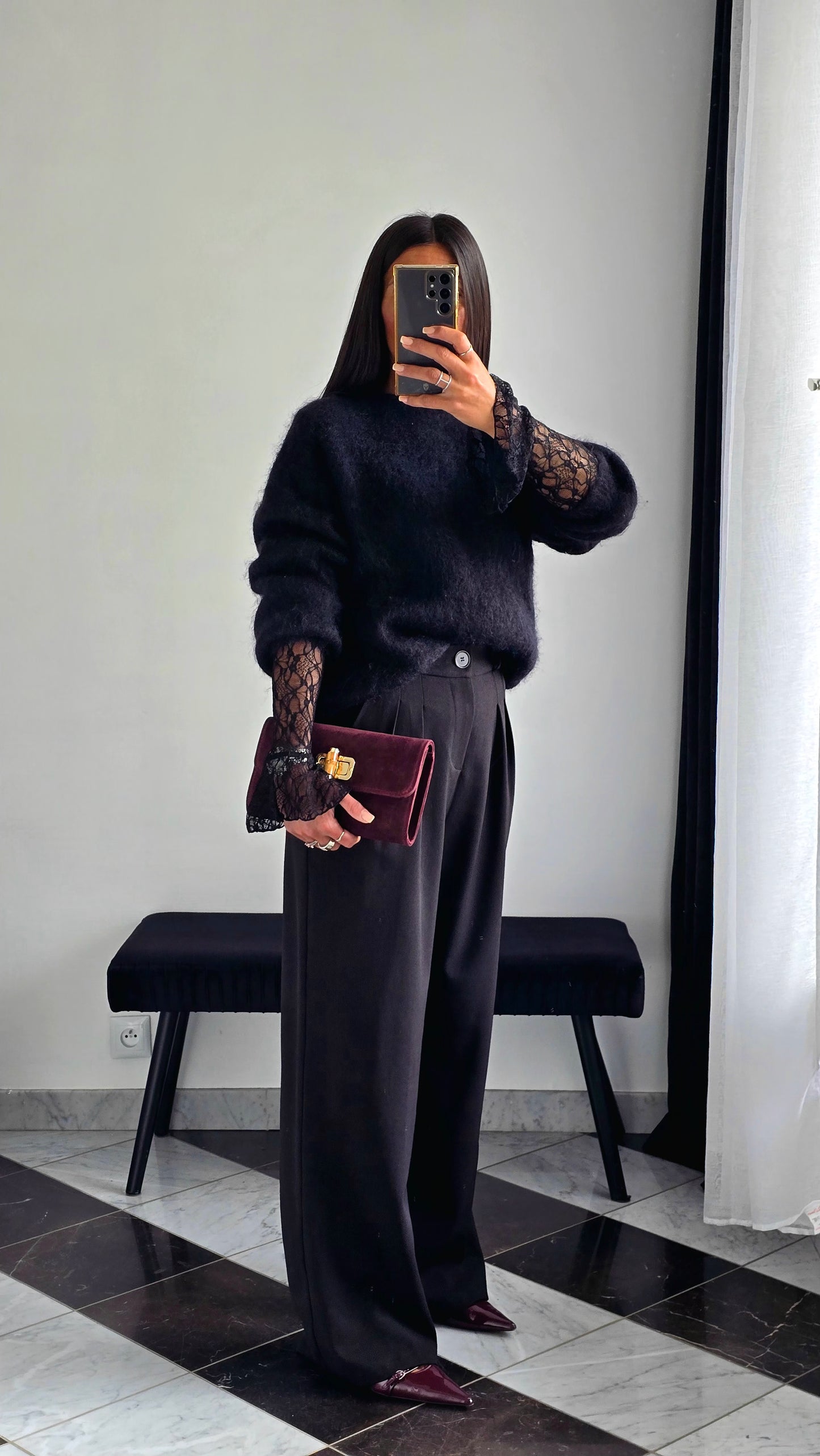 Pantalon Tailleur Texturé – Noir Intense