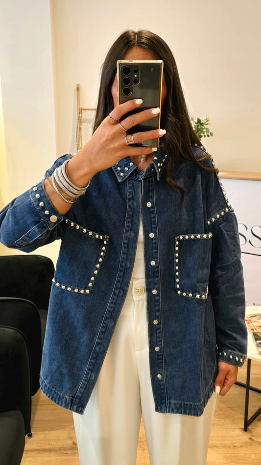 Chemise-veste en denim à clous argentés