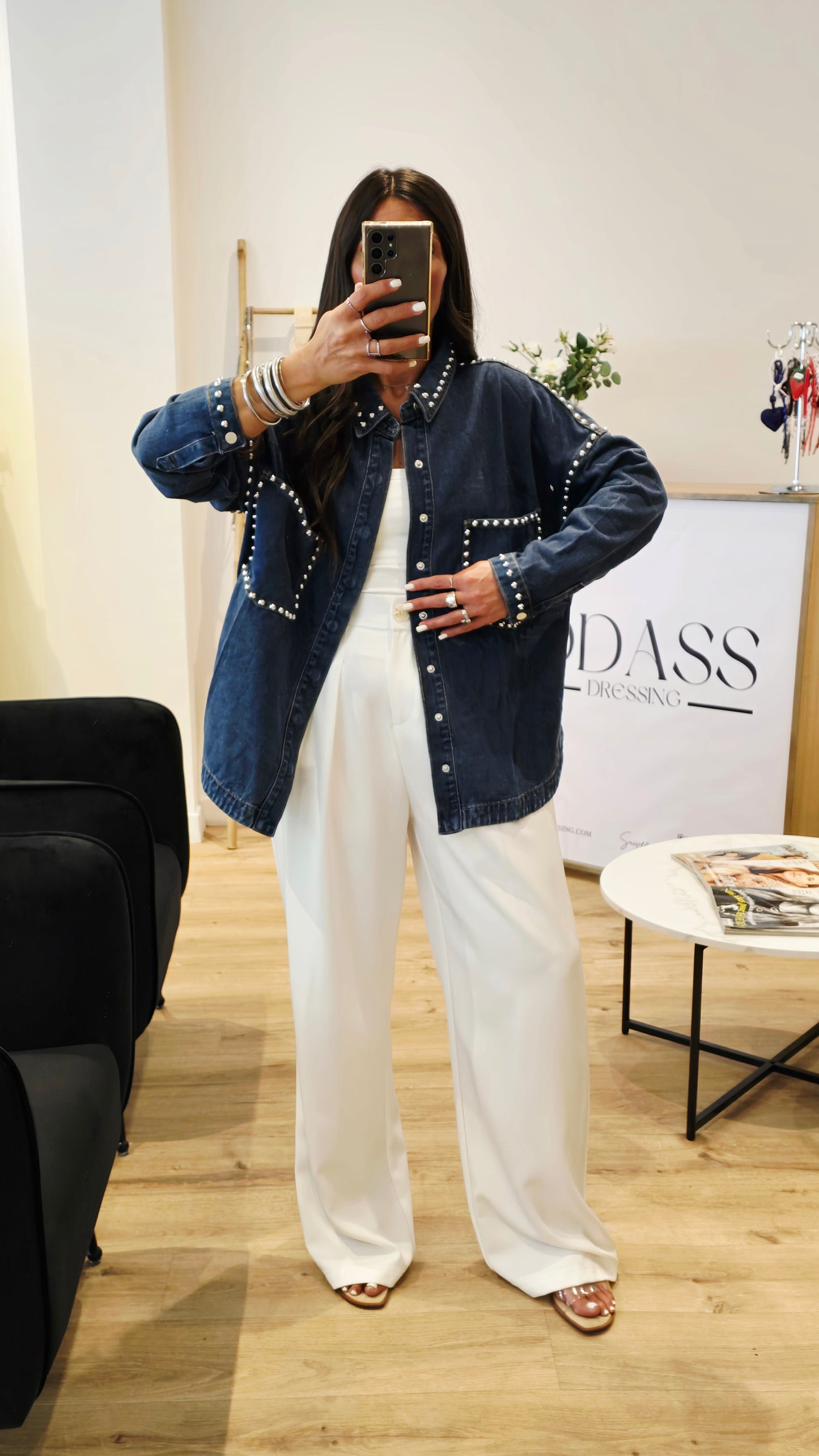 Chemise-veste en denim à clous argentés
