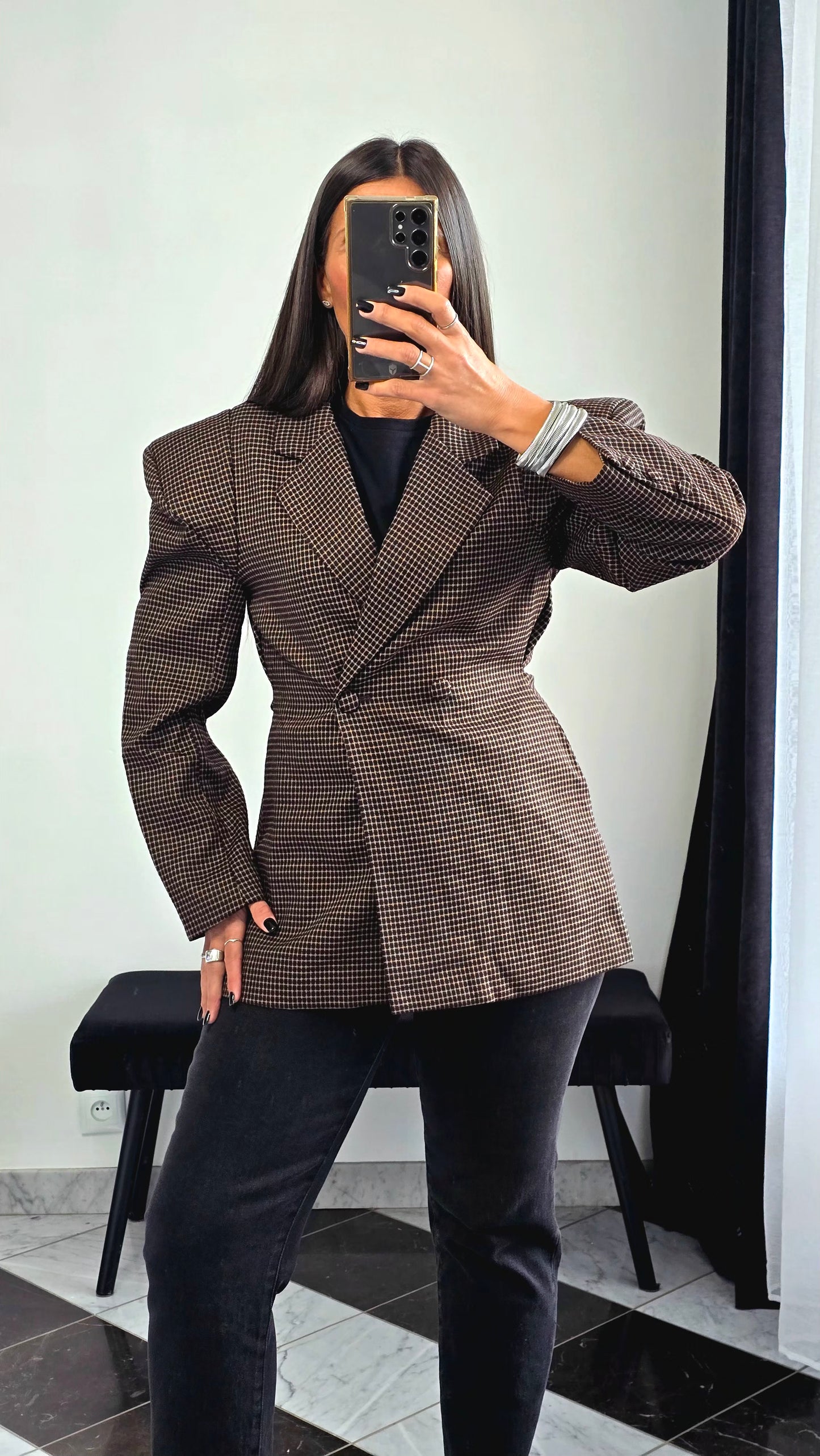 Blazer Structuré à Épaulettes – Imprimé Pied-de-Poule Chocolat