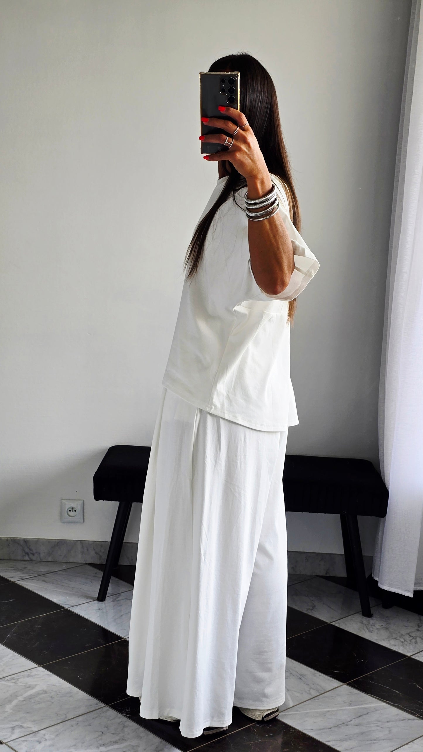 Pantalon large fluide en 100 % coton – Blanc cassé
