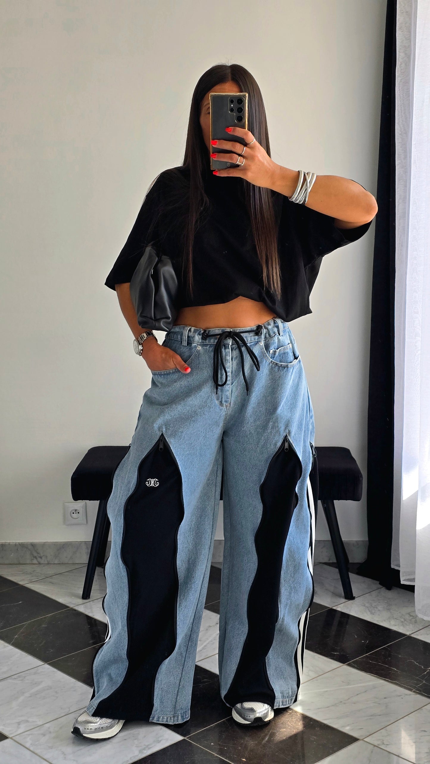 Jean wide premium à détails zippés – Bleu & Noir
