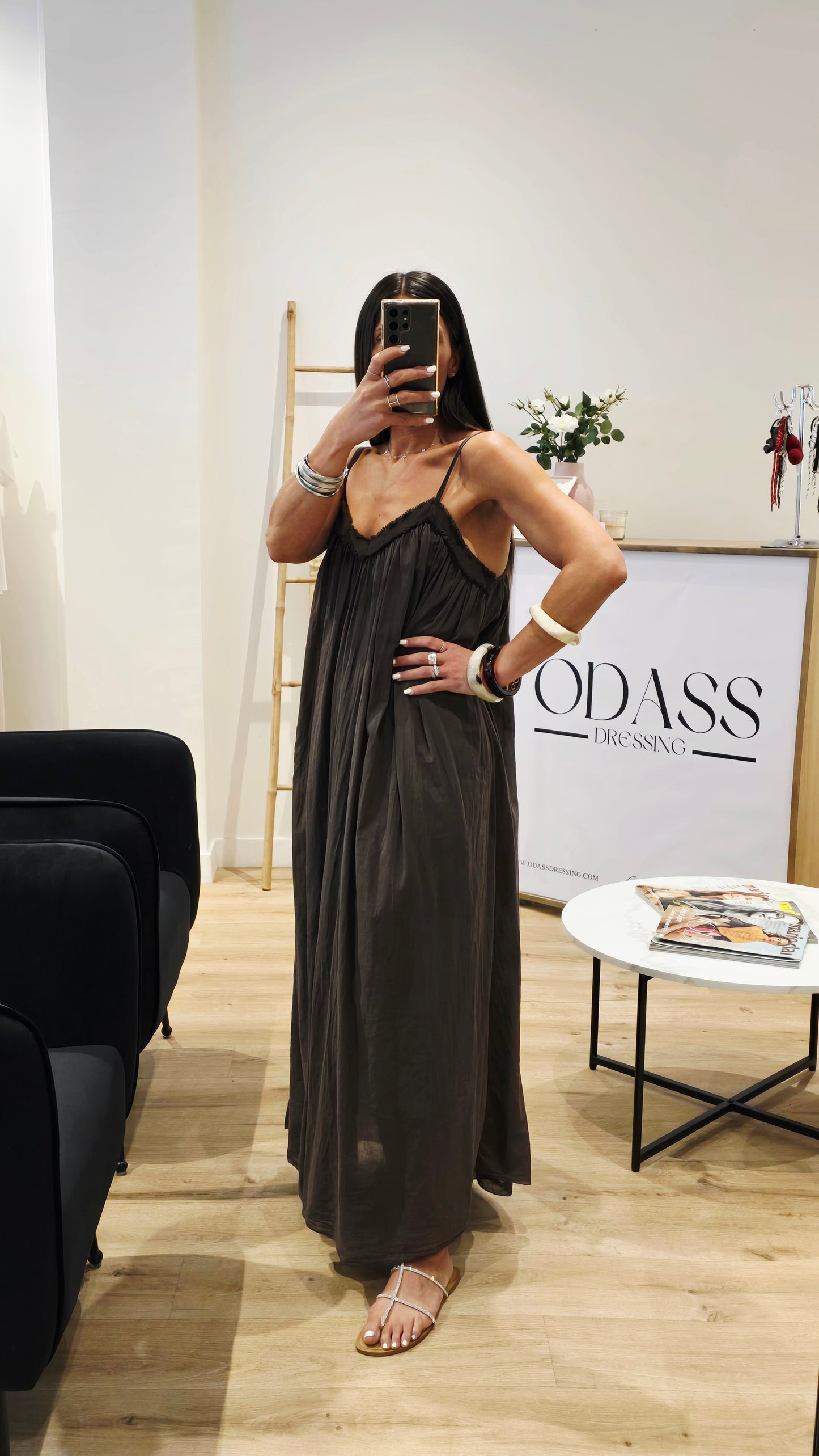 Robe Longue Chocolat – Voile de Coton & Doublure – Fabriquée en Italie