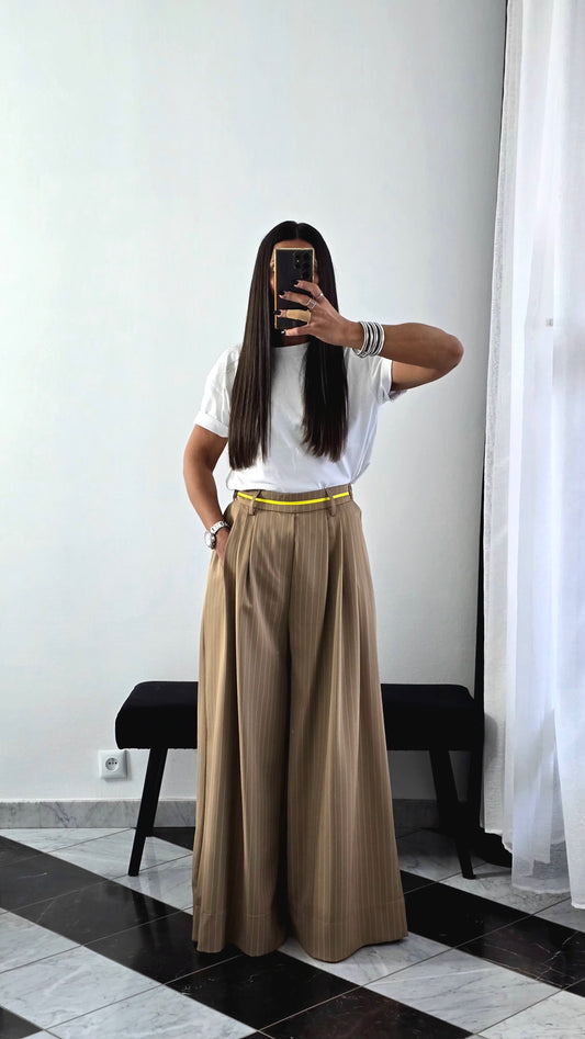 Pantalon Tailleur Large Rayures – Beige