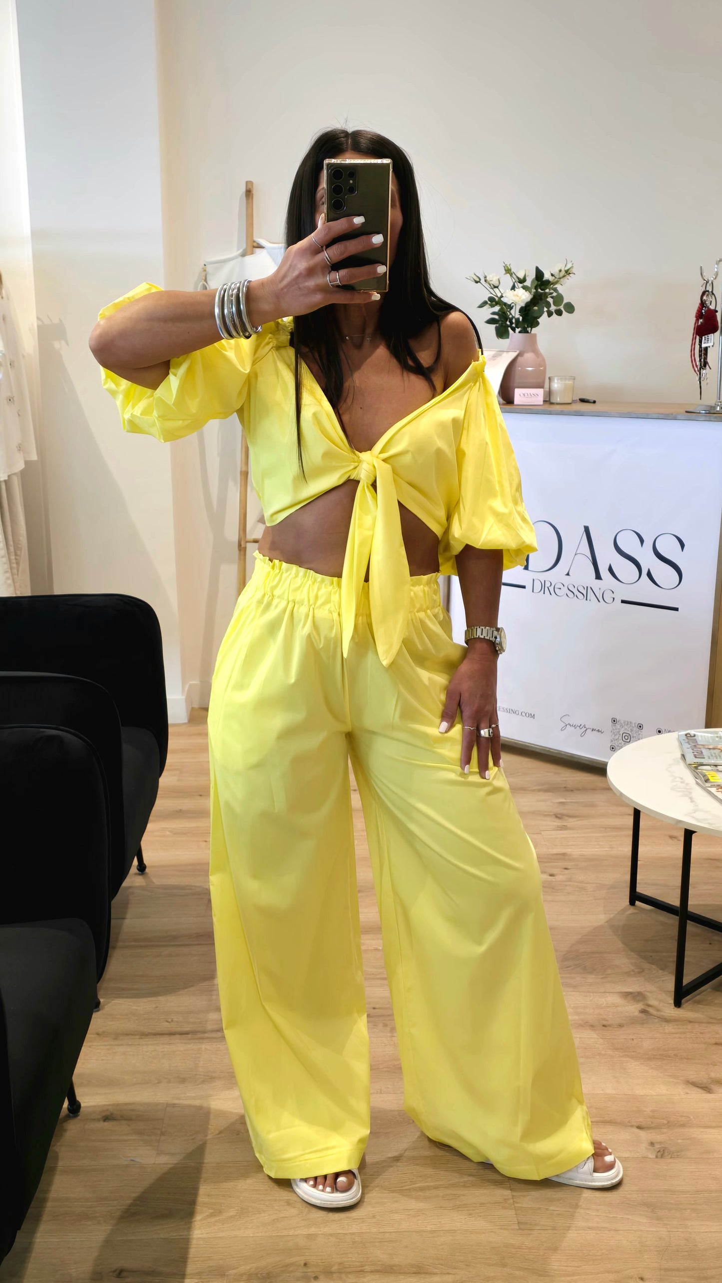 Ensemble 2 pièces coton jaune – Haut noué & pantalon large